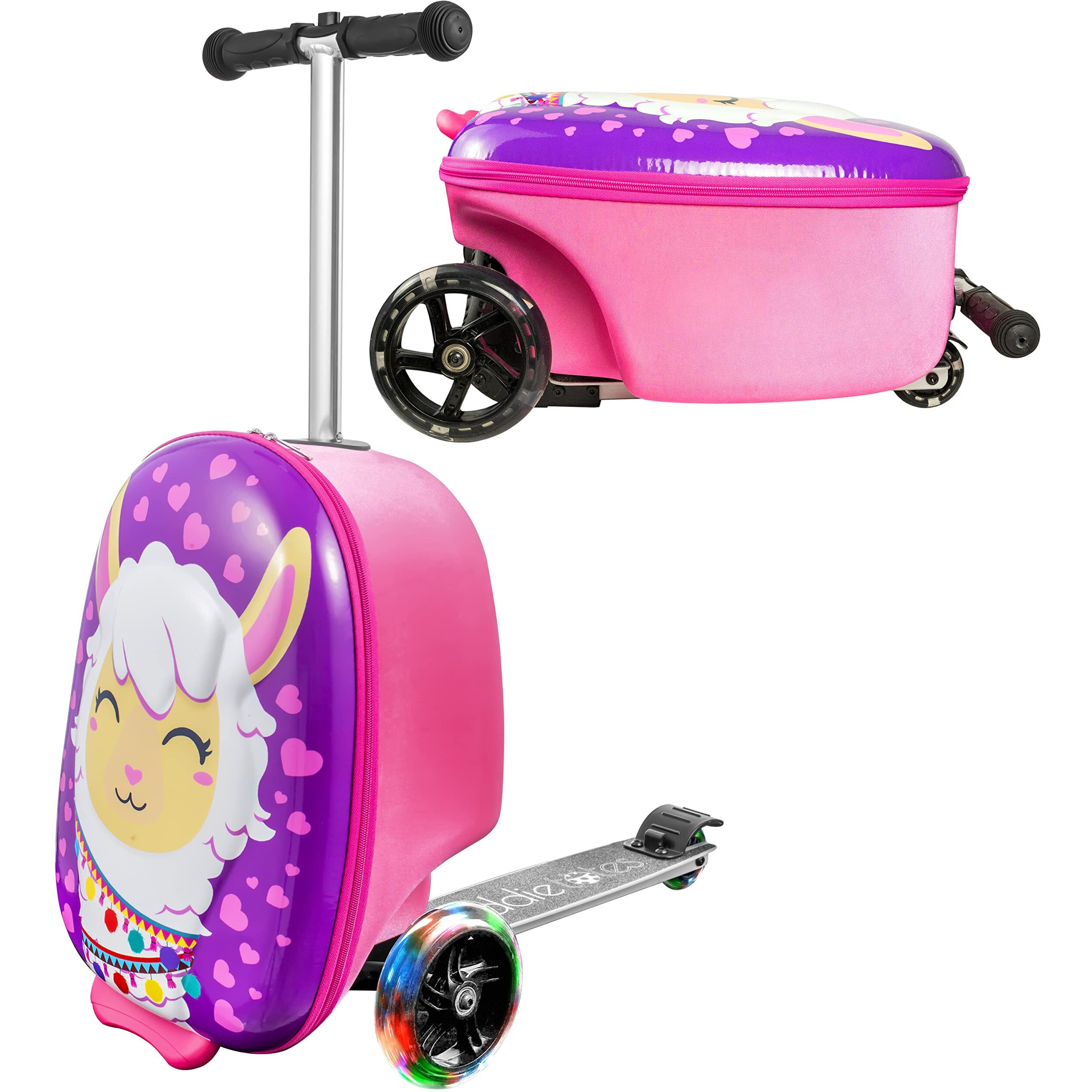 Kiddietotes 3-D Hardshell Ride On Suitcase Scooter For Kids - Cute Lightweight Kids Luggage With Wheels - Fun Led Lights