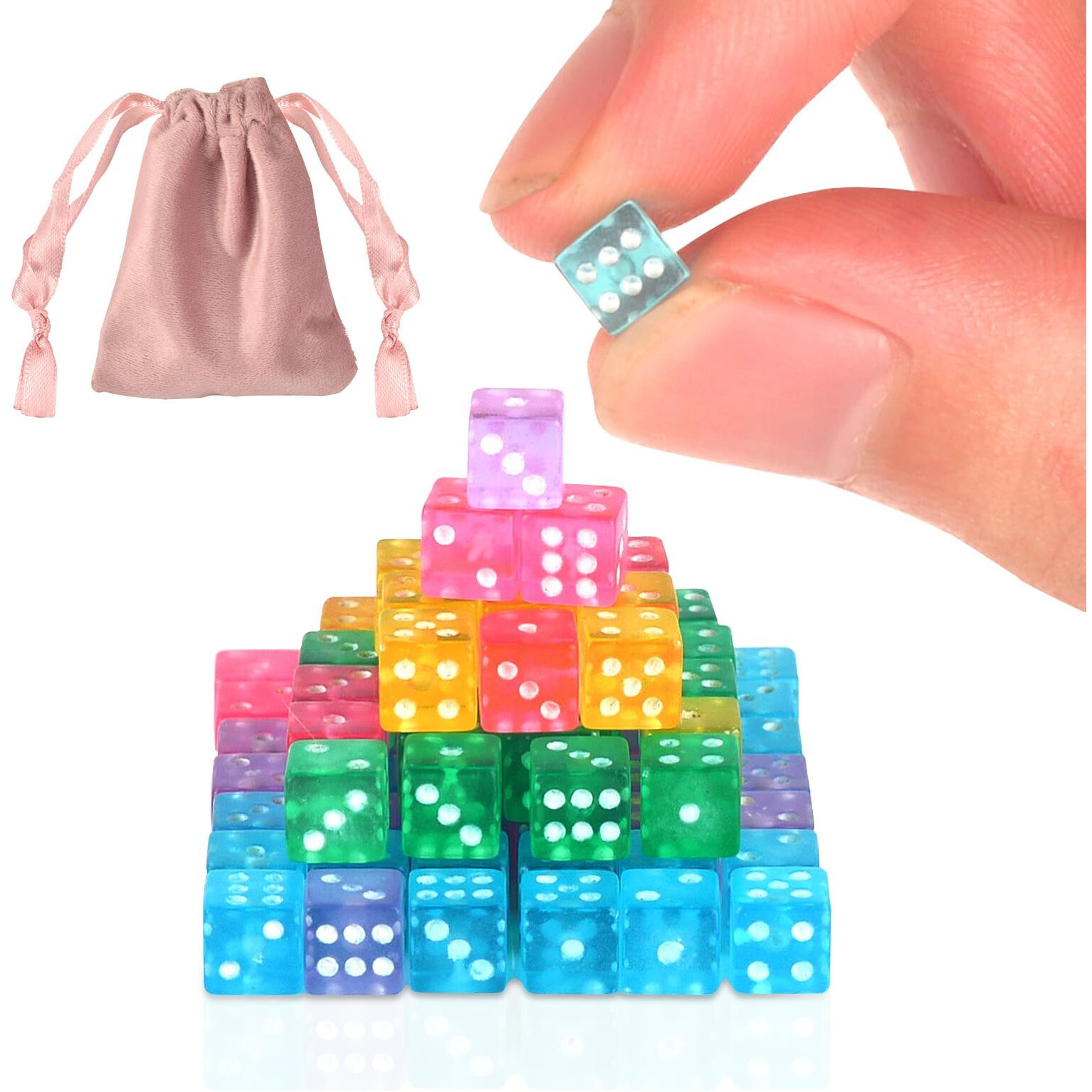 100 Pack Small Dice Set 5Mm With 1 Velvet Bag Game Dice 6 Sided Mini Dice Set Transparent Tiny Dice Colored Dice Square Corner For Casino Night Parties Early Elementary Math Learning Counters