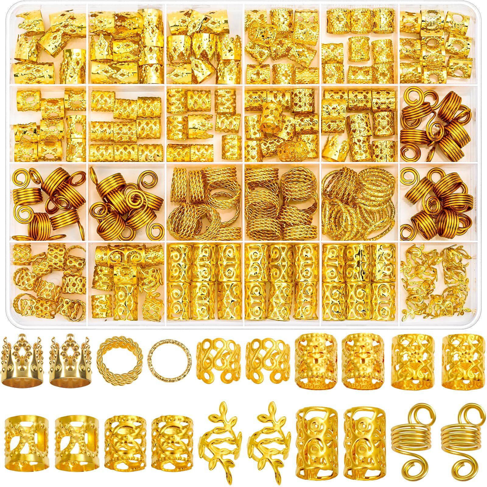 Lucomb 220 Pcs Gold Hair Jewelry For Braids, Loc Jewelry For Hair Dreadlock, Hair Charms For Women, Metal Gold Braids Rings Cuffs Clips For Dreadlock Accessories Hair Braids Jewelry Decorations