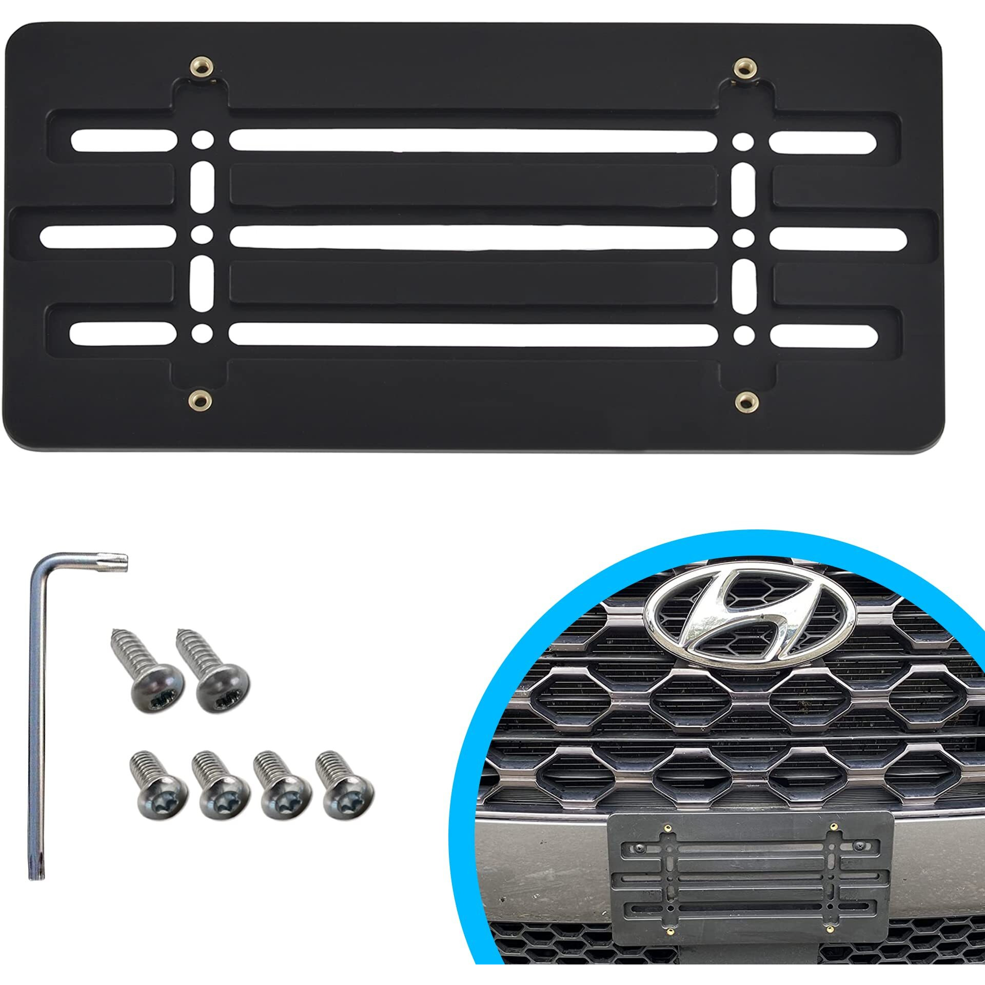 Front Bumper License Plate Bracket For Hyundai , Plate Holder Set W 6 Unique Screw Bolts & Wrench Kit, License Tag Mounting Kit, Quality Plate Holders, Premium Car & Truck Accessories