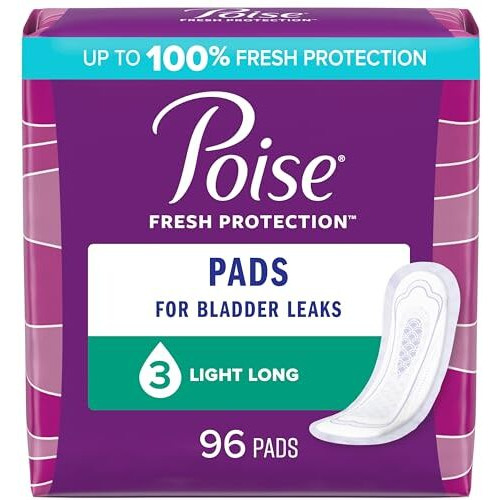 Poise Incontinence Pads & Postpartum Incontinence Pads, 3 Drop Light Absorbency, Long Length, 96 Count (4 Packs Of 24), Packaging May Vary