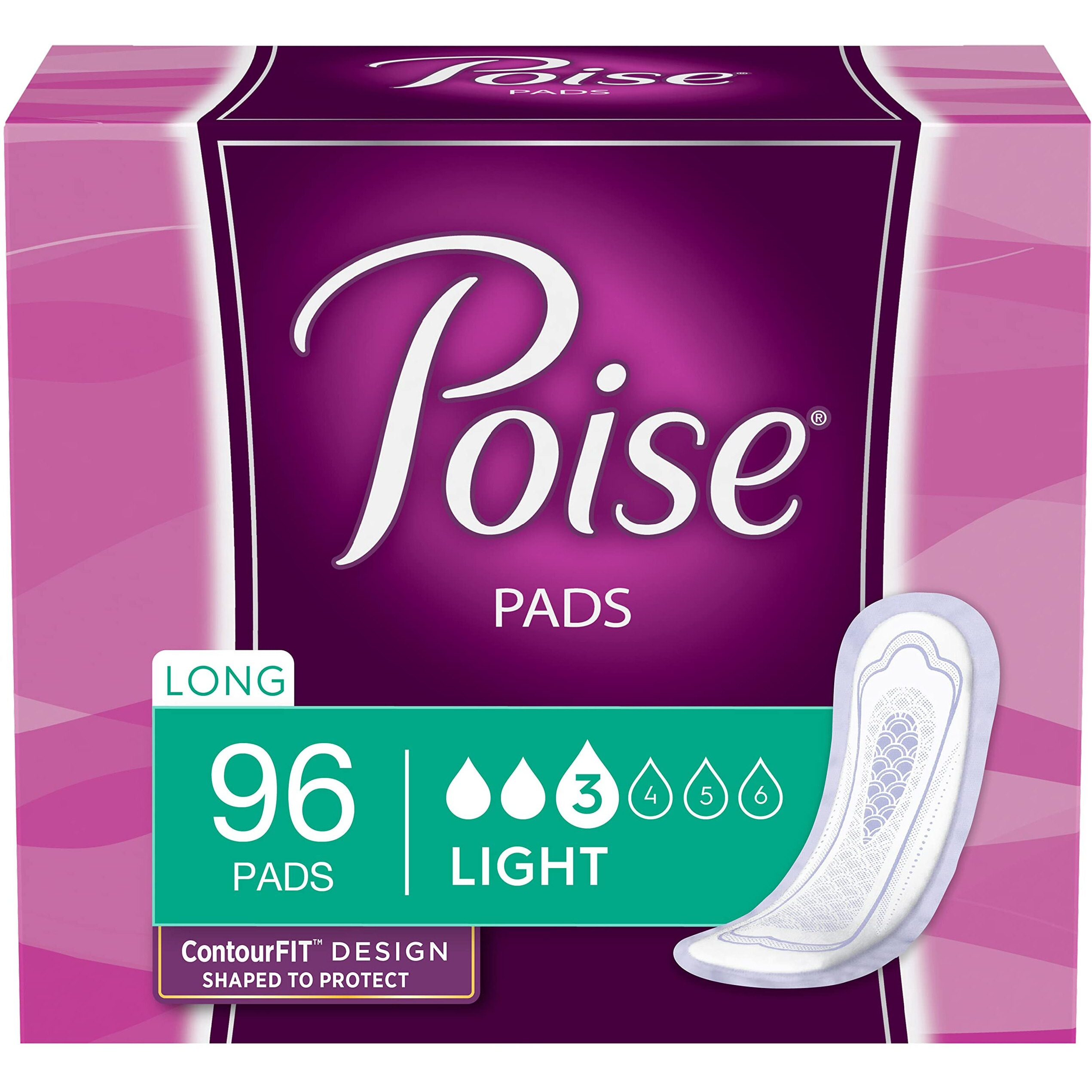 Poise Incontinence Pads & Postpartum Incontinence Pads, 3 Drop Light Absorbency, Long Length, 96 Count (4 Packs Of 24), Packaging May Vary