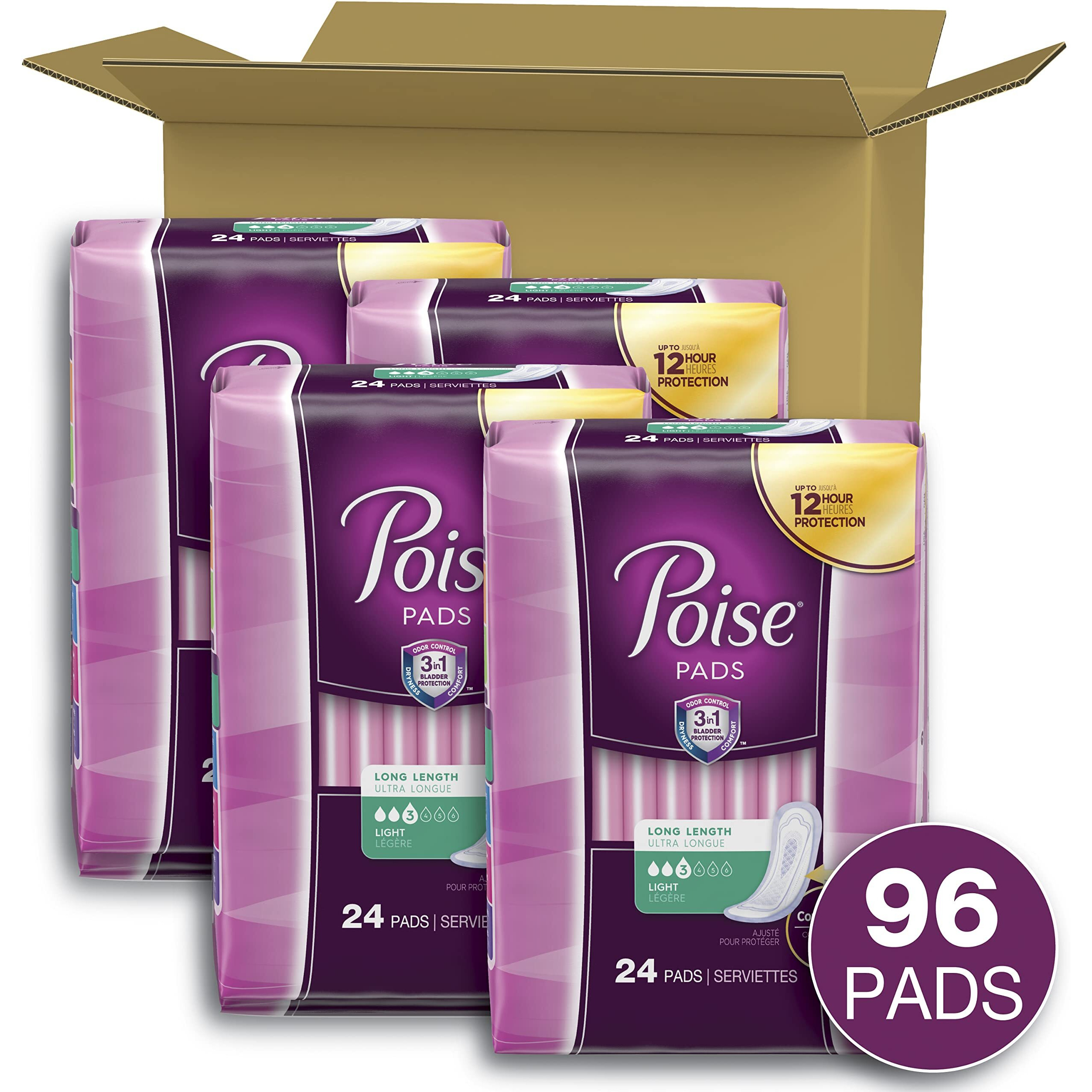 Poise Incontinence Pads & Postpartum Incontinence Pads, 3 Drop Light Absorbency, Long Length, 96 Count (4 Packs Of 24), Packaging May Vary