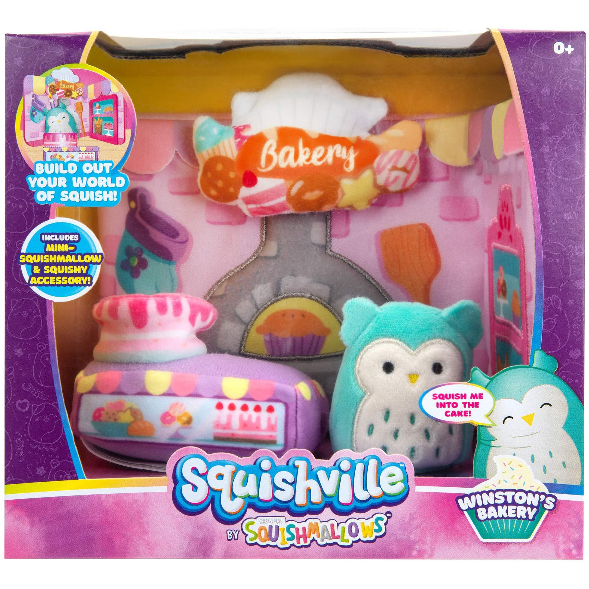 Squishville By Squishmallow Bakery Play Scene, 2 Winston Mini-Squishmallow, 8 Playset, 1 Plush Accessory, Marshmallow-Soft Animals, Bakery Toy