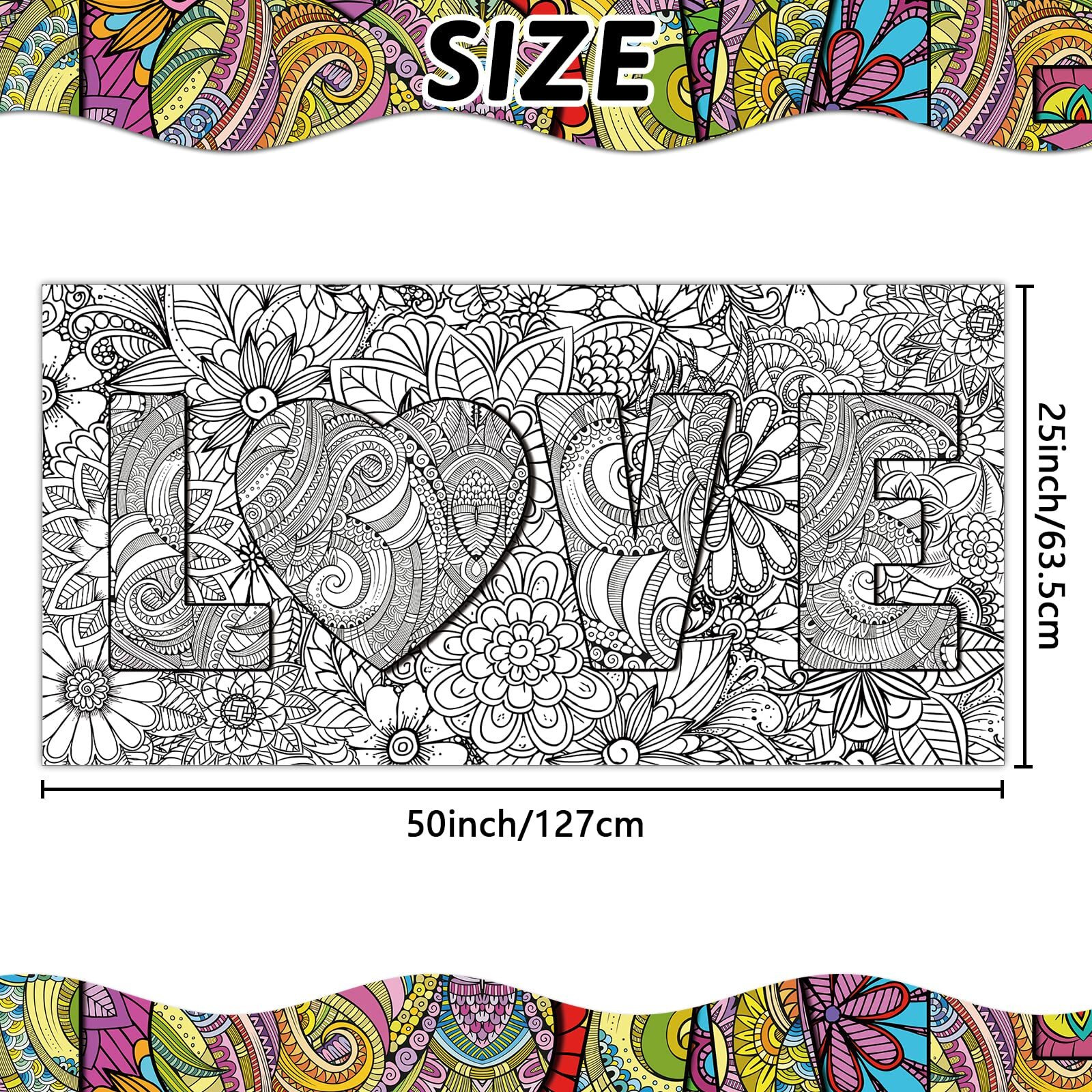 Giant Mandala Coloring Posters 50" X 25" Jumbo Love Mandala Coloring Posters For Kids Teens Adults Large Mandala Coloring Tablecloth Huge Art Craft Activity For Home Classroom Party Supplies Favor