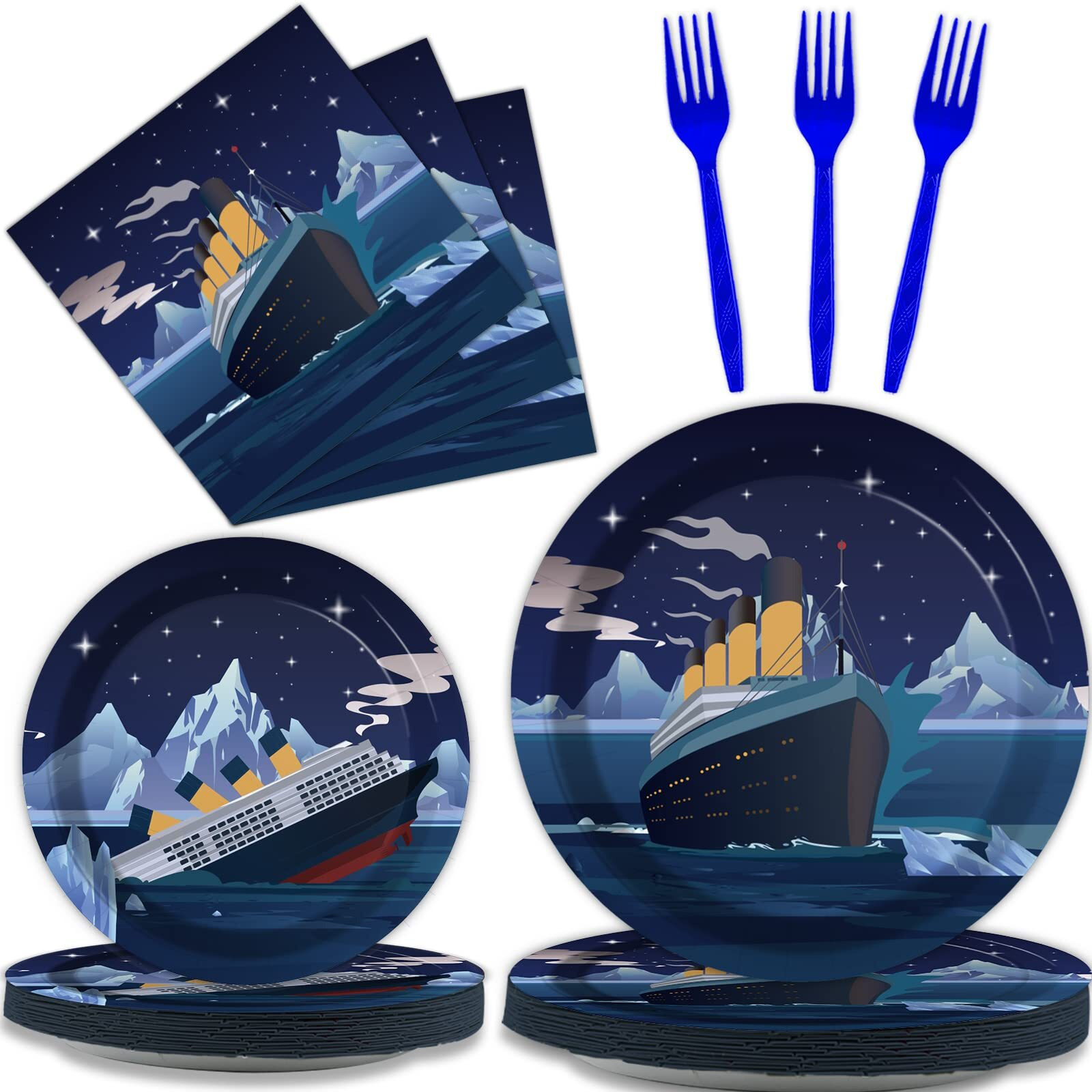 Chiazllta 96 Pcs Titanic Party Paper Plate And Napkins Titanic Birthday Party Table Decoration Supplies Ocean Party Paper Plate Napkin Fork For Party Favors 24 Guests