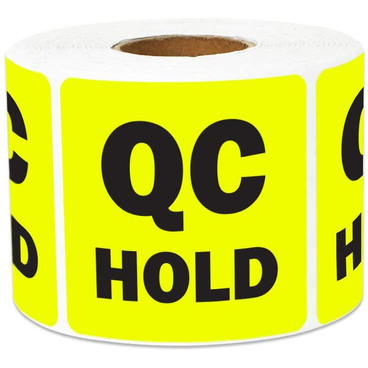 Qc Hold Stickers - 2 X 2 Inch Square Fluorescent Yellow Color Coding Qc Hold Label Stickers For Quality Control Production Line Warehouse Inventory Management Inspection Stickers - 300 Labels/Roll