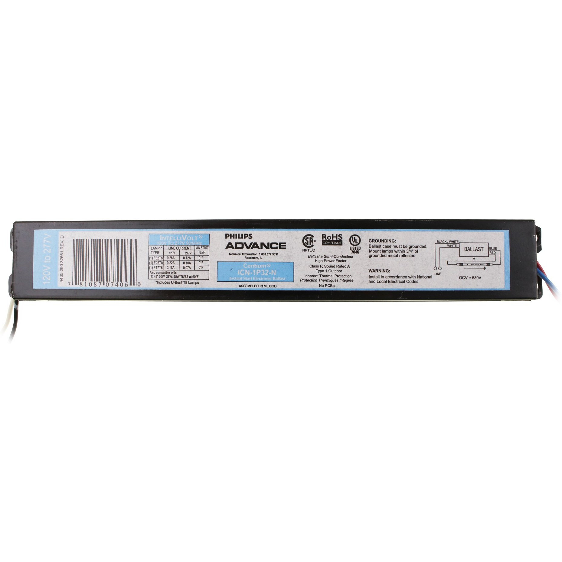 Advance Icn-1P32-N Electronic Fluorescent Ballast, Instant Start, 1 Lamp, 32W T8, 120/277V