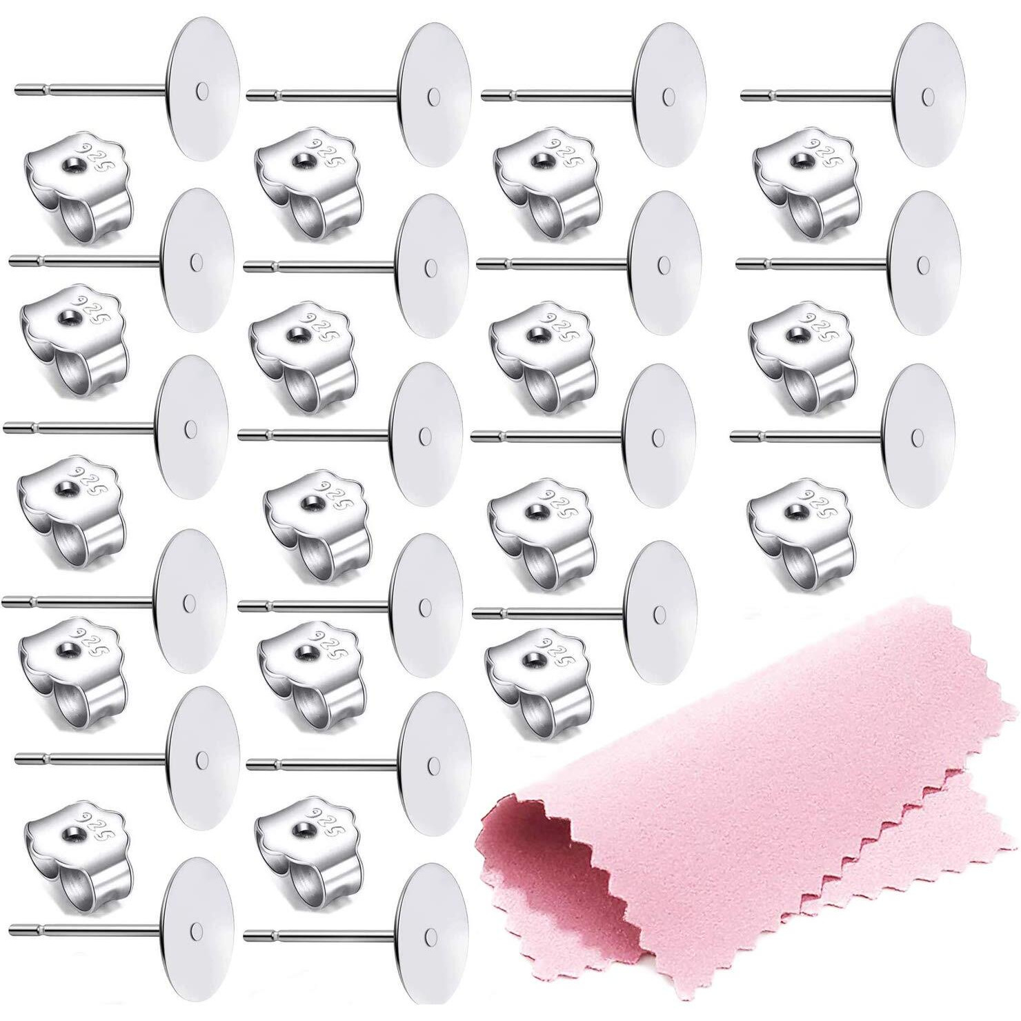 25Pair 925 Sterling Silver Earrings Posts Flat Pad Ear Stud Hypoallergenic Blank Earring Pins With 925 Sterling Silver Earring Backs For Jewelry Making Findings(6Mm )