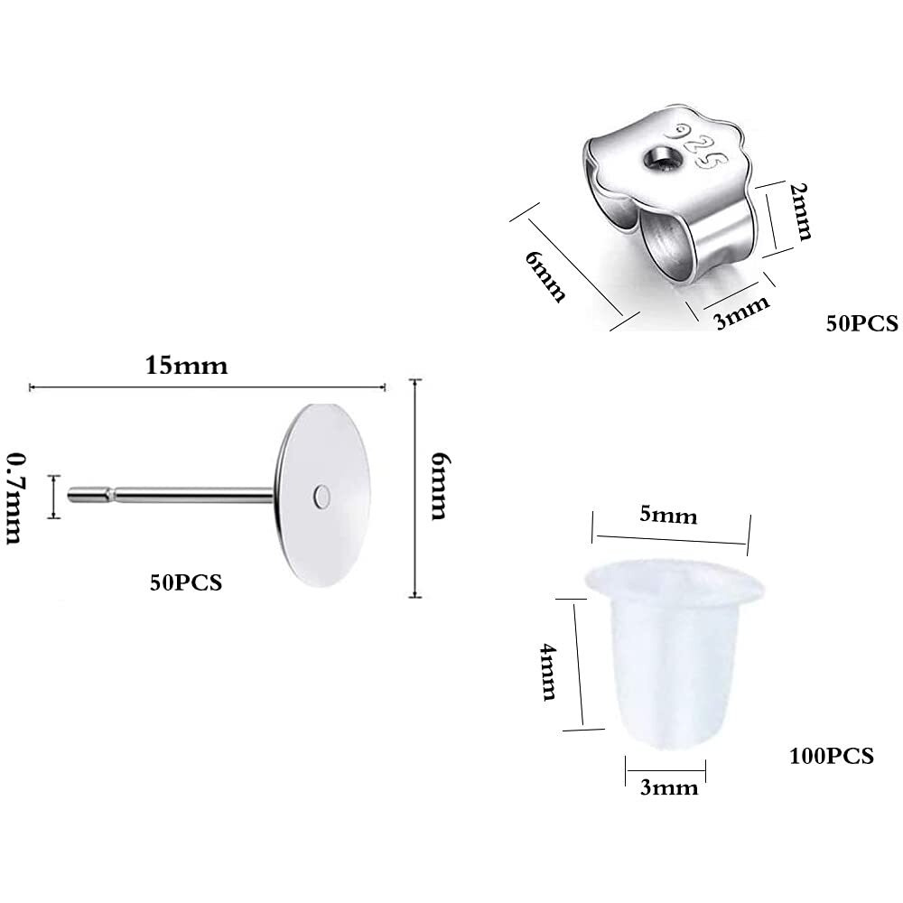 25Pair 925 Sterling Silver Earrings Posts Flat Pad Ear Stud Hypoallergenic Blank Earring Pins With 925 Sterling Silver Earring Backs For Jewelry Making Findings(6Mm )