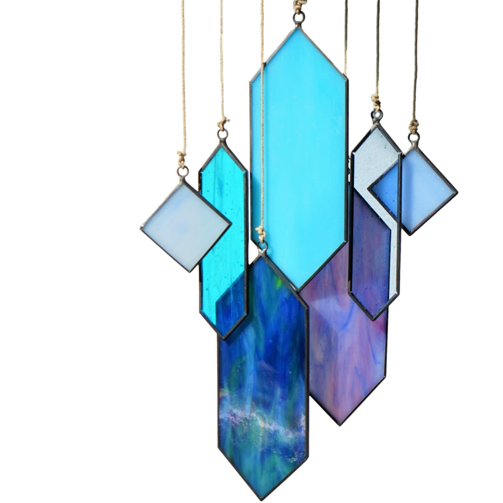 Stained Glass Window Hanging Suncatchers Blue Wall Art - Element Earth Tones Modern Design Home Decor Or Garden Decoration