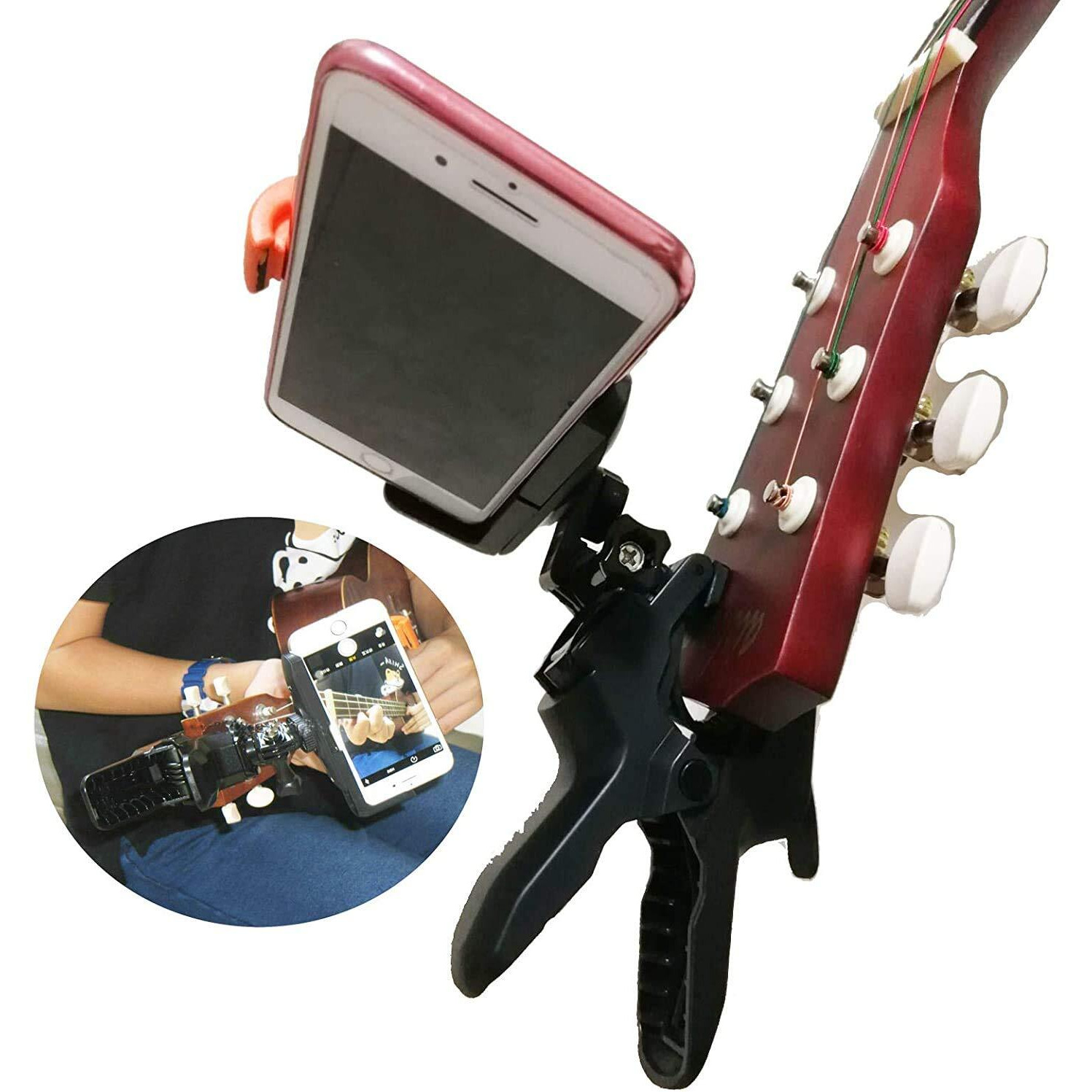 Universal Guitar Headstock Phone/Camera Clamp Clip Mount For All Smartphones And Gopro Action Cameras ~ Close Up Home Recording - Live Broadcast Bracket Clip - Work For Any Microphone Stands