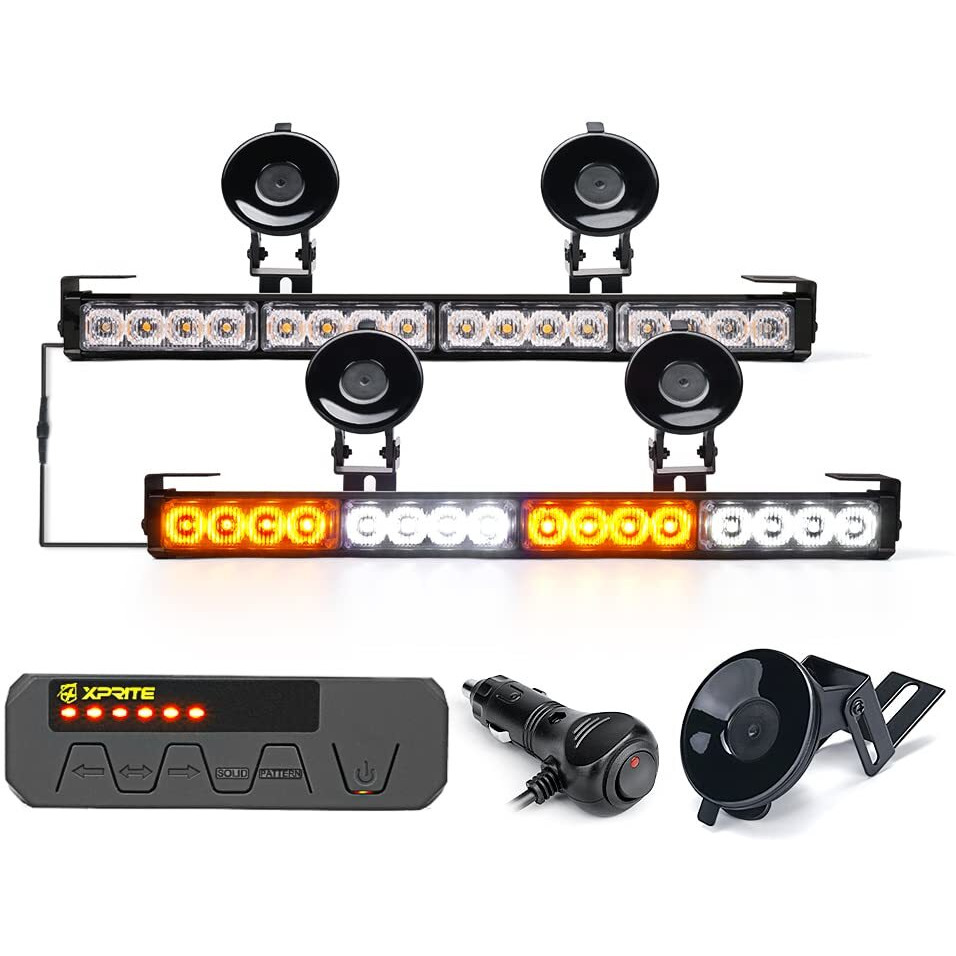 Xprite White Amber Led Emergency Traffic Advisor Strobe Dual Light Bar W/Control Box, Windshield Visor Suction Cup Safety Hazard Warning Flashing Lightbars, For Construction Vehicles Pickup Trucks