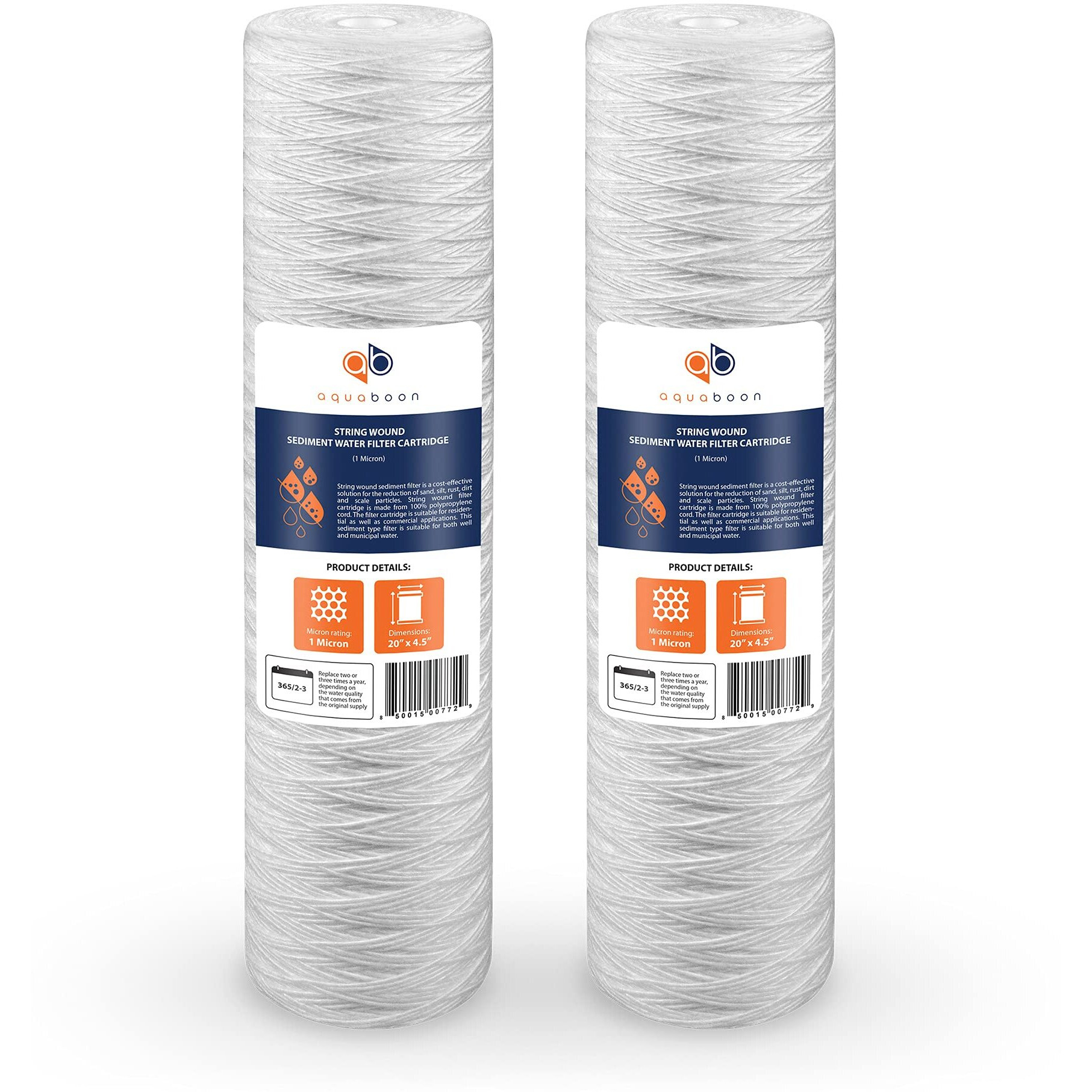 Aquaboon 1 Micron 20" X 4.5" String Wound Sediment Water Filter Cartridge  Whole House Sediment Filtration  Compatible With Pc40-20, Wp1Bb20P, 355222-45, Wpp-45200-01, Wpp-45200-01, 84650, 2-Pack