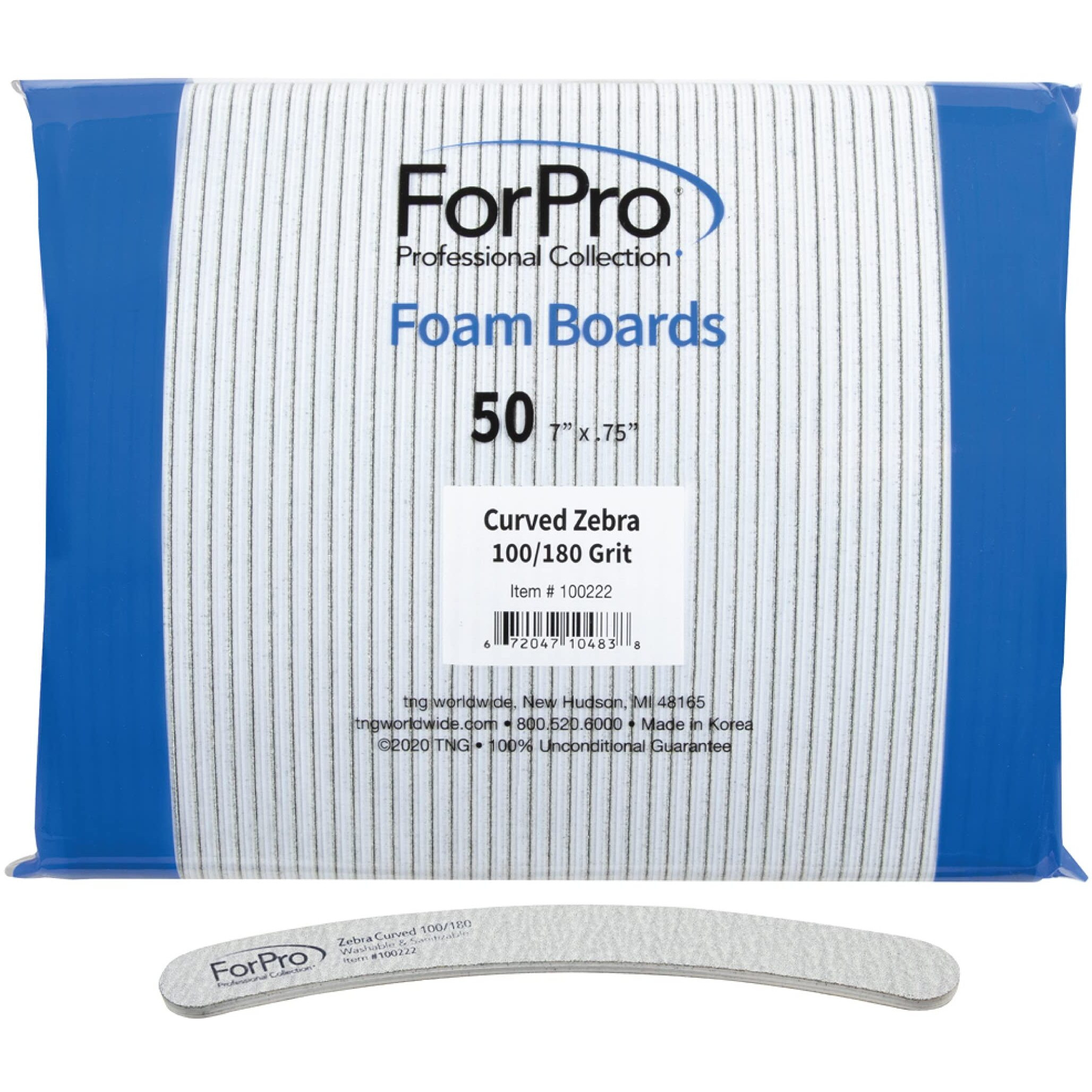 Forpro Zebra Curved Foam Board, 100/180 Grit, Double-Sided Manicure And Pedicure Nail Files, 7 L X .75 W, 50-Count