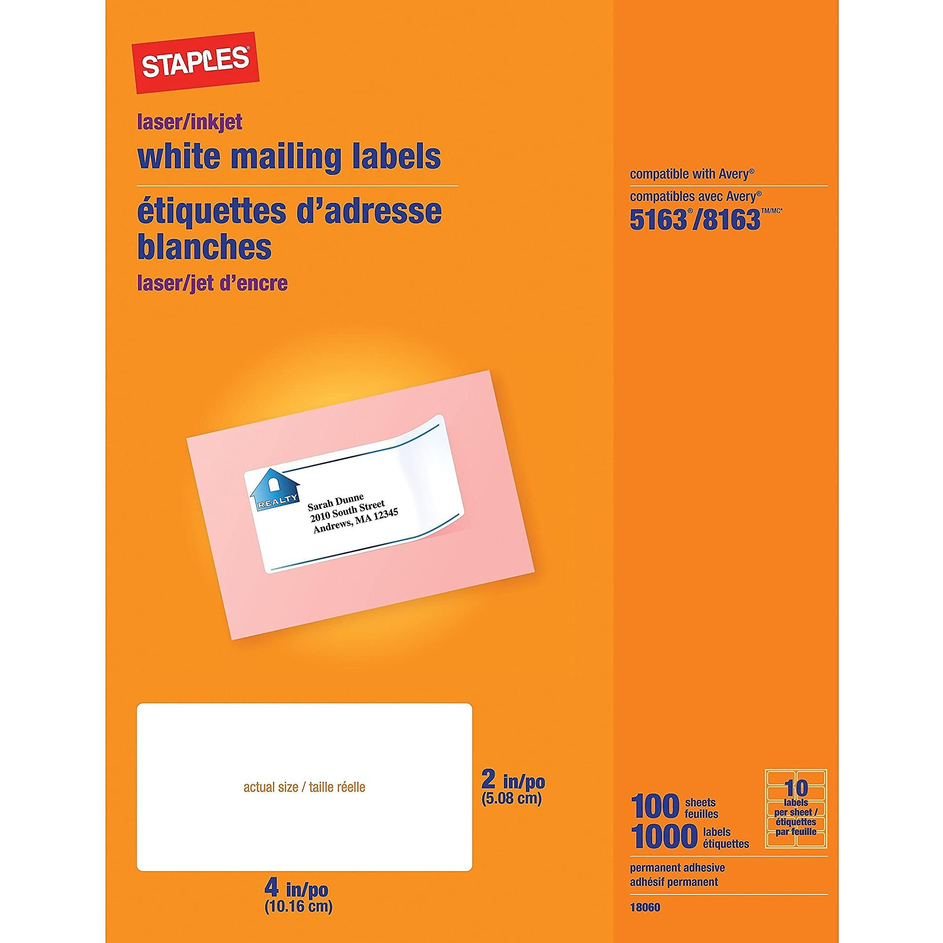 Staples 479877 Laser/Inkjet Shipping Labels 2-Inch X 4-Inch White 10 Labels/Sheet