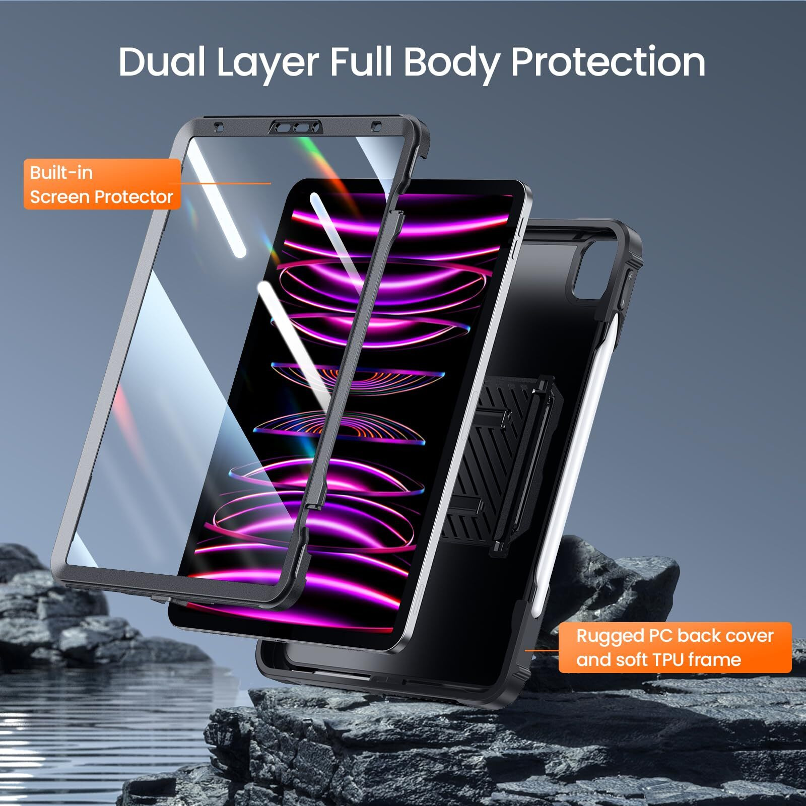 Ztotopcases For Ipad Pro 12.9 Case 6Th/5Th/4Th Generation 2022/2021/2020 Released, Rugged Cover With Built-In [Pencil Holder + Screen Protector] Designed For Ipad Pro 12.9 Inch 6Th/5Th/4Th Gen, Black