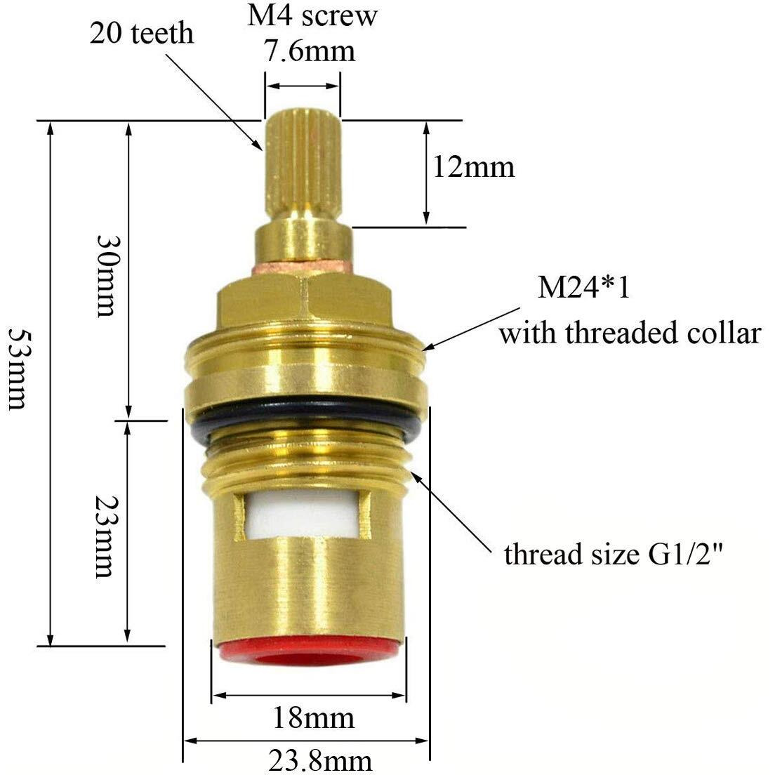 Huashan Replacement Brass Ceramic Disc Stem Cartridge Faucet Valve Quarter Turn 1/2" X 53Mm X 12Mm Spline Length 20 Teeth(Pair Hot & Cold)