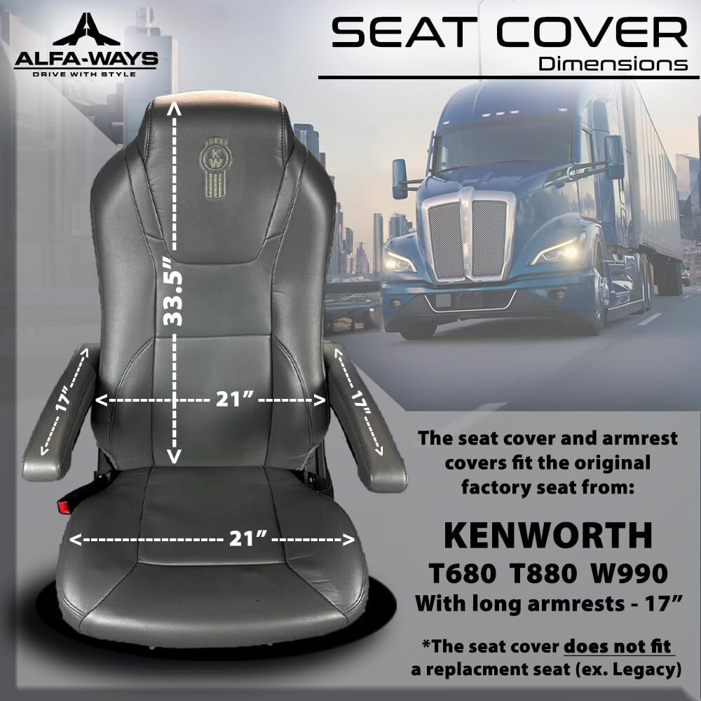 Alfa-Ways Seat Covers For Trucks, Truck Seat Covers Fits Kenworth T680, T880, W990, Seat Cover For Truck Truck Cover In Eco-Leather, Heavy Duty Seat Covers For Trucks (Brown, Long Armrests - 17")