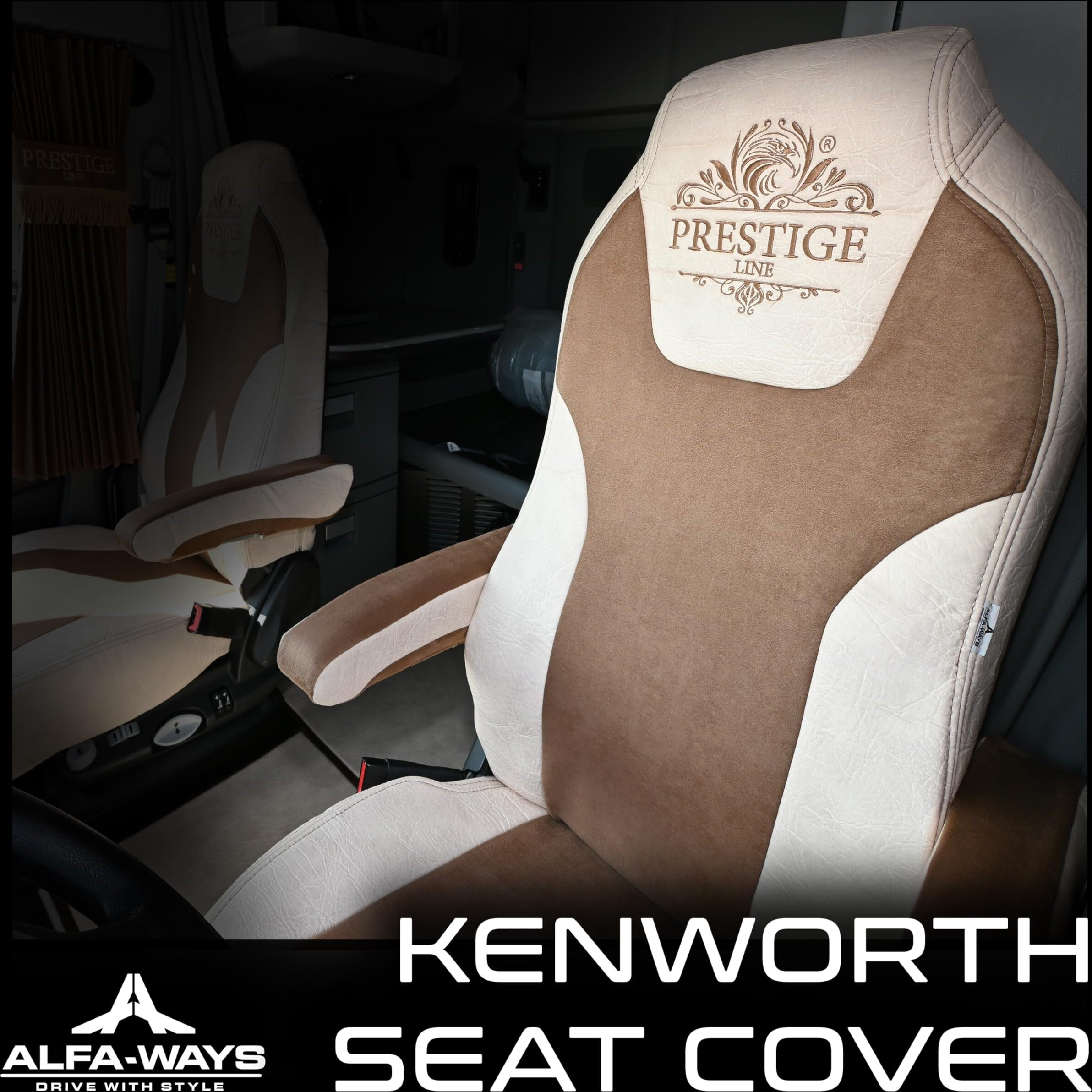 Alfa-Ways Seat Covers For Trucks, Truck Seat Covers Fits Kenworth T680, T880, W990, Seat Cover For Truck Truck Cover In Eco-Leather, Heavy Duty Seat Covers For Trucks (Brown, Long Armrests - 17")