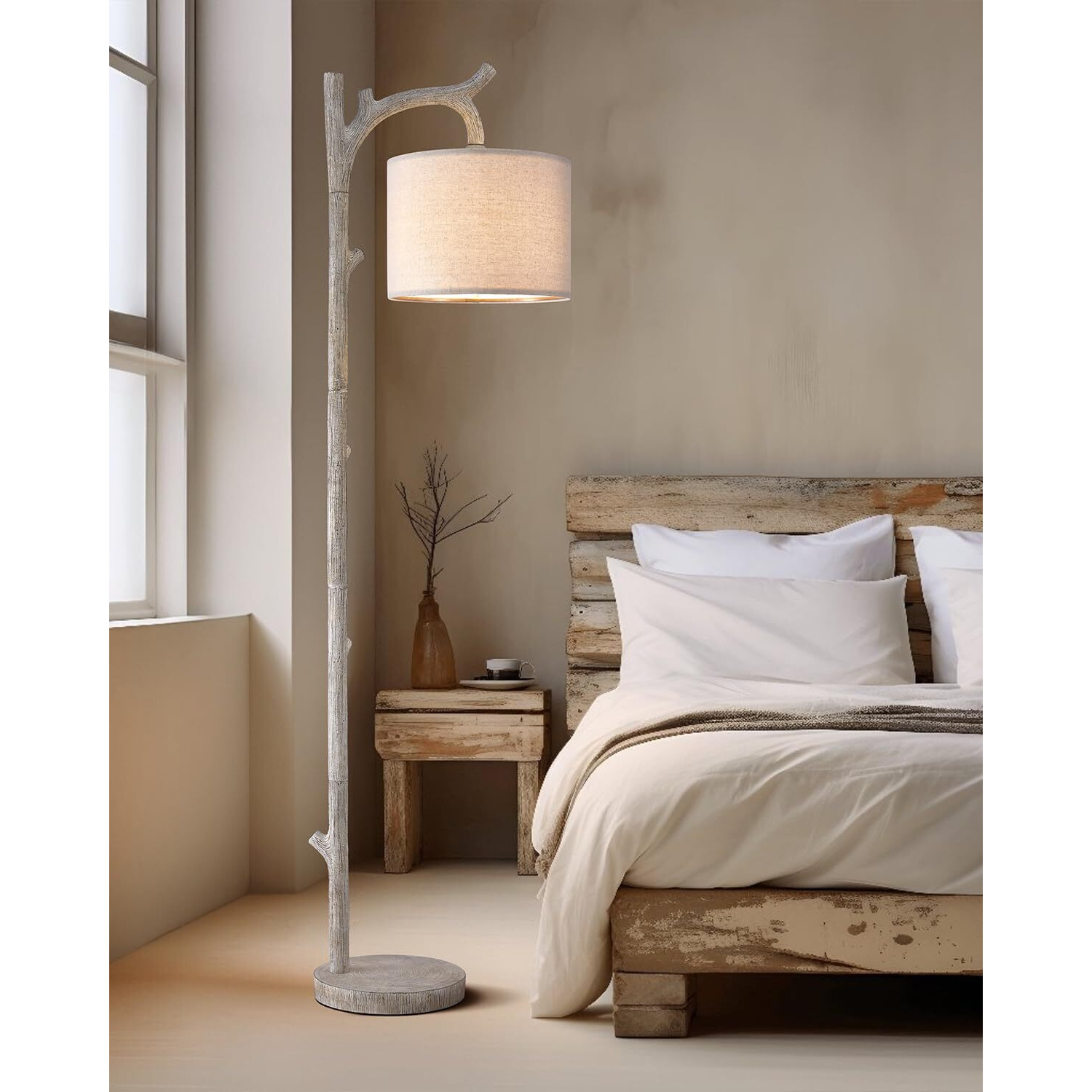 Oyears Rustic Farmhouse Tree Trunk Floor Lamp Classic Country Wood Grain Resin Vintage 61.25" Standing Floor Lamp Retro Decorative Lamp For Bedroom Living Room Office