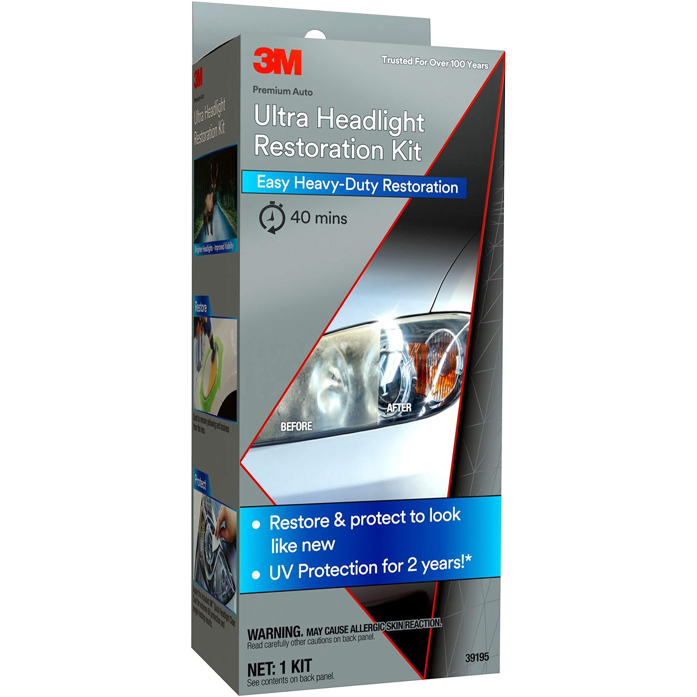 3M Ultra Headlight Restoration Kit, Contains Masking Tape, Light Sanding Discs, Wax Protectant And More, Use On Plastic Lenses Headlights, Taillights And More, Easy Heavy-Duty Restoration (39195)