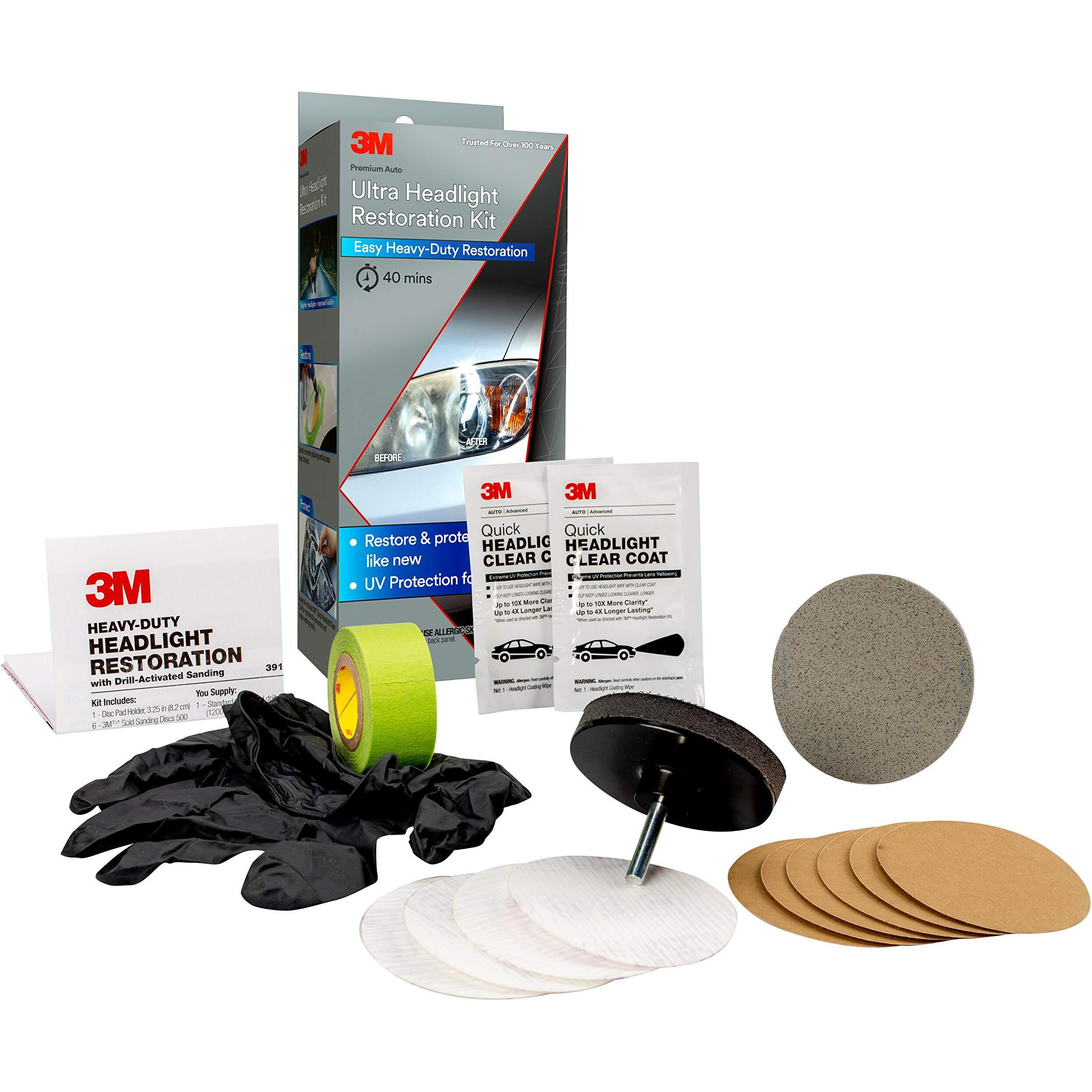 3M Ultra Headlight Restoration Kit, Contains Masking Tape, Light Sanding Discs, Wax Protectant And More, Use On Plastic Lenses Headlights, Taillights And More, Easy Heavy-Duty Restoration (39195)