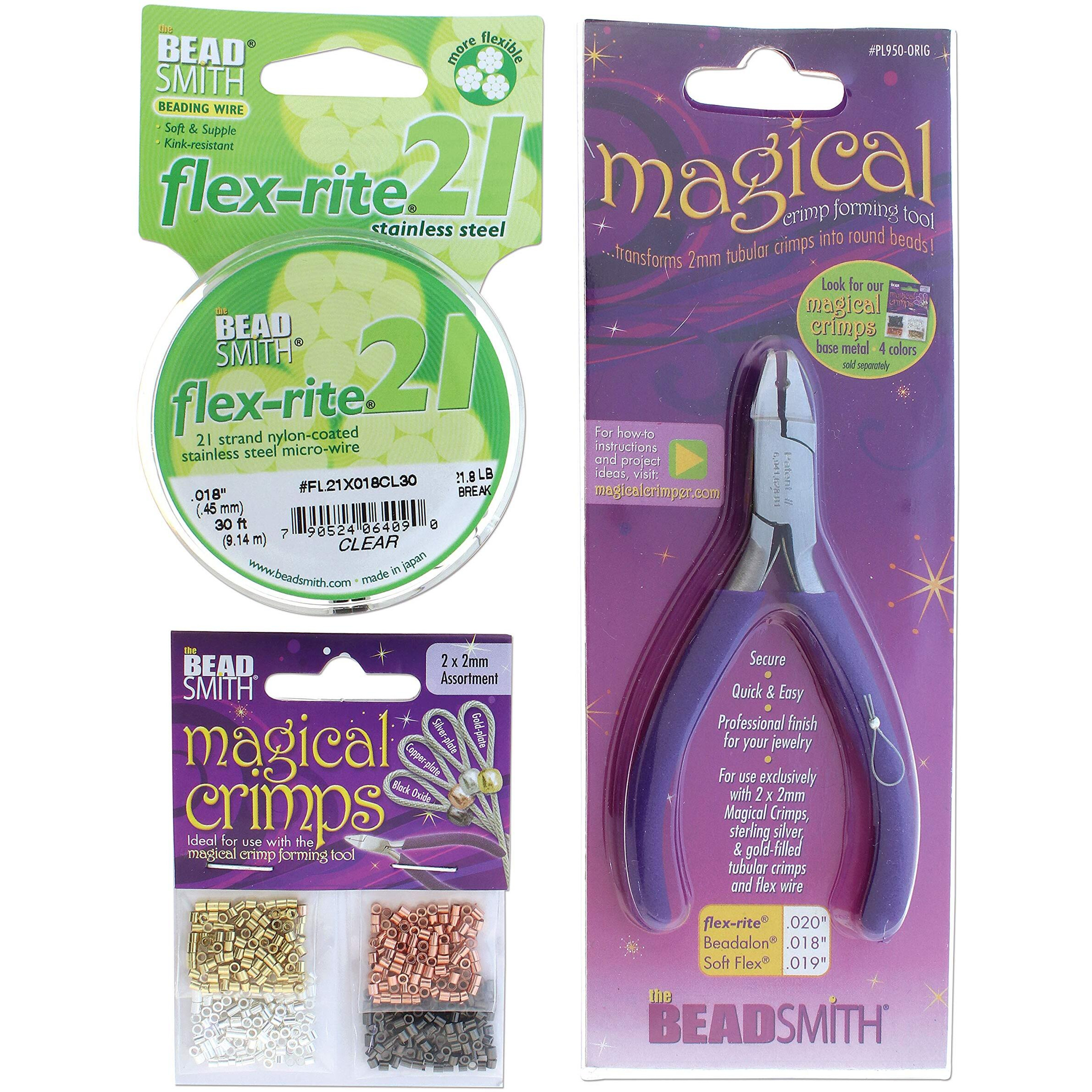The Beadsmith Magical Crimper Kit, Includes Crimp Forming Pliers, 500 Crimp Tubes, 2X2Mm In Assorted Colors And 21-Strand Flexrite Wire, Create Smooth, Rounded Crimps Every Time, No Sharp Edges