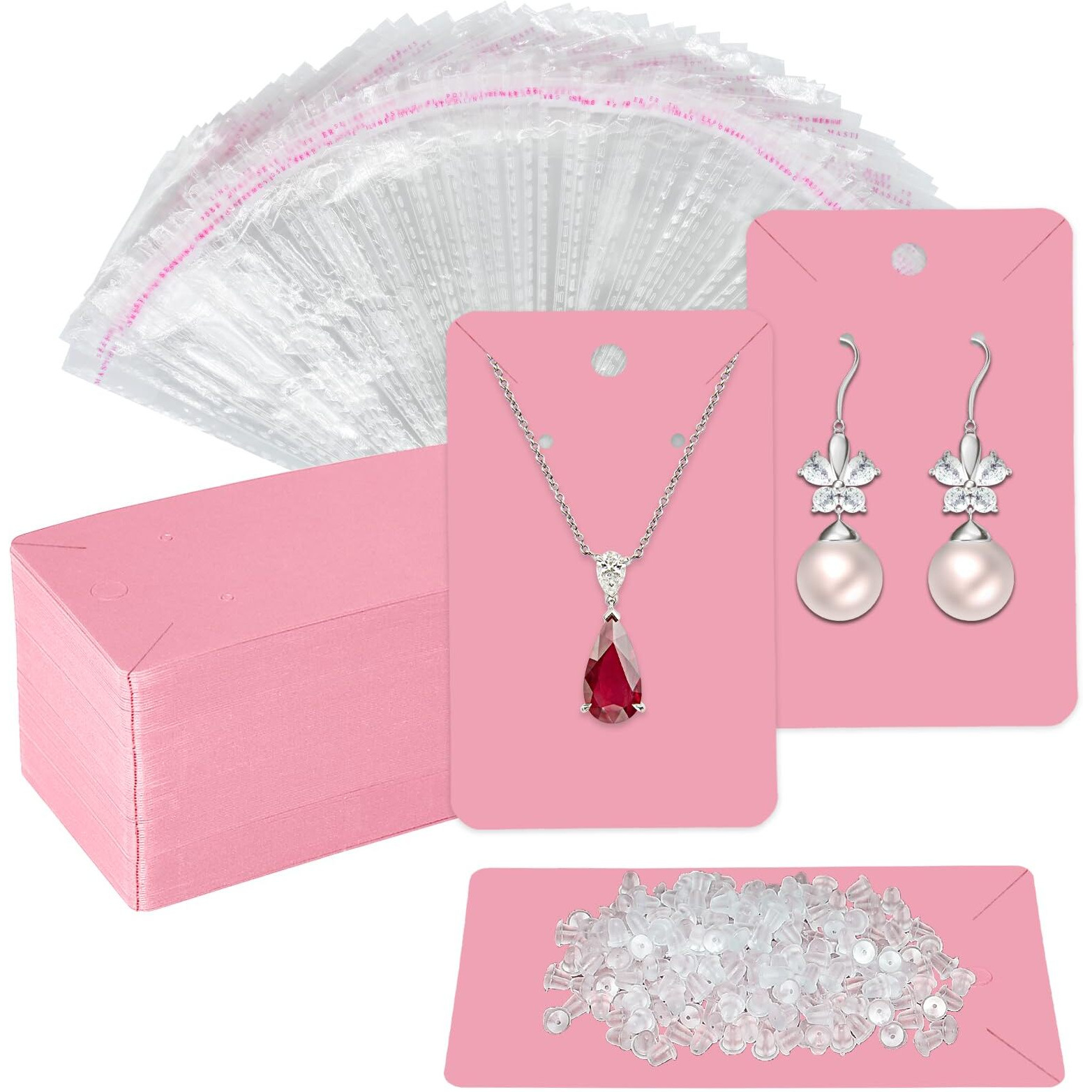 Twavang Pink Earring Cards For Selling Set With 100Pcs Earring Display Cards, 200 Pcs Earring Backs And 100Pcs Jewelry Packaging Bag For Earrings Necklace Jewelry Display (3.5" X 2.3" Inches)
