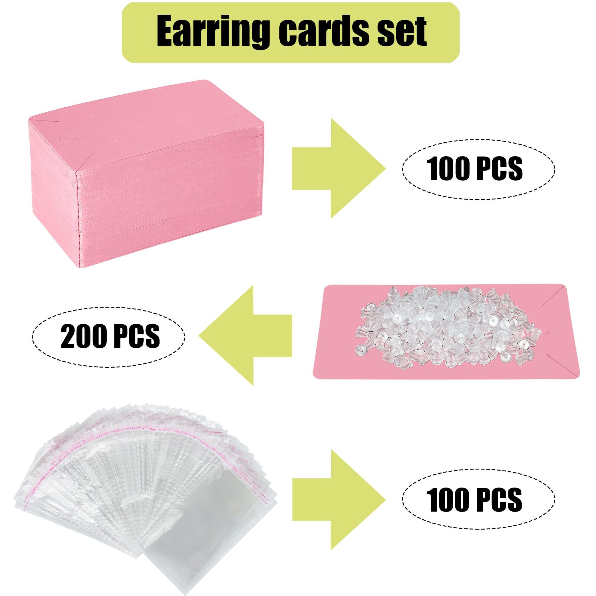 Twavang Pink Earring Cards For Selling Set With 100Pcs Earring Display Cards, 200 Pcs Earring Backs And 100Pcs Jewelry Packaging Bag For Earrings Necklace Jewelry Display (3.5" X 2.3" Inches)