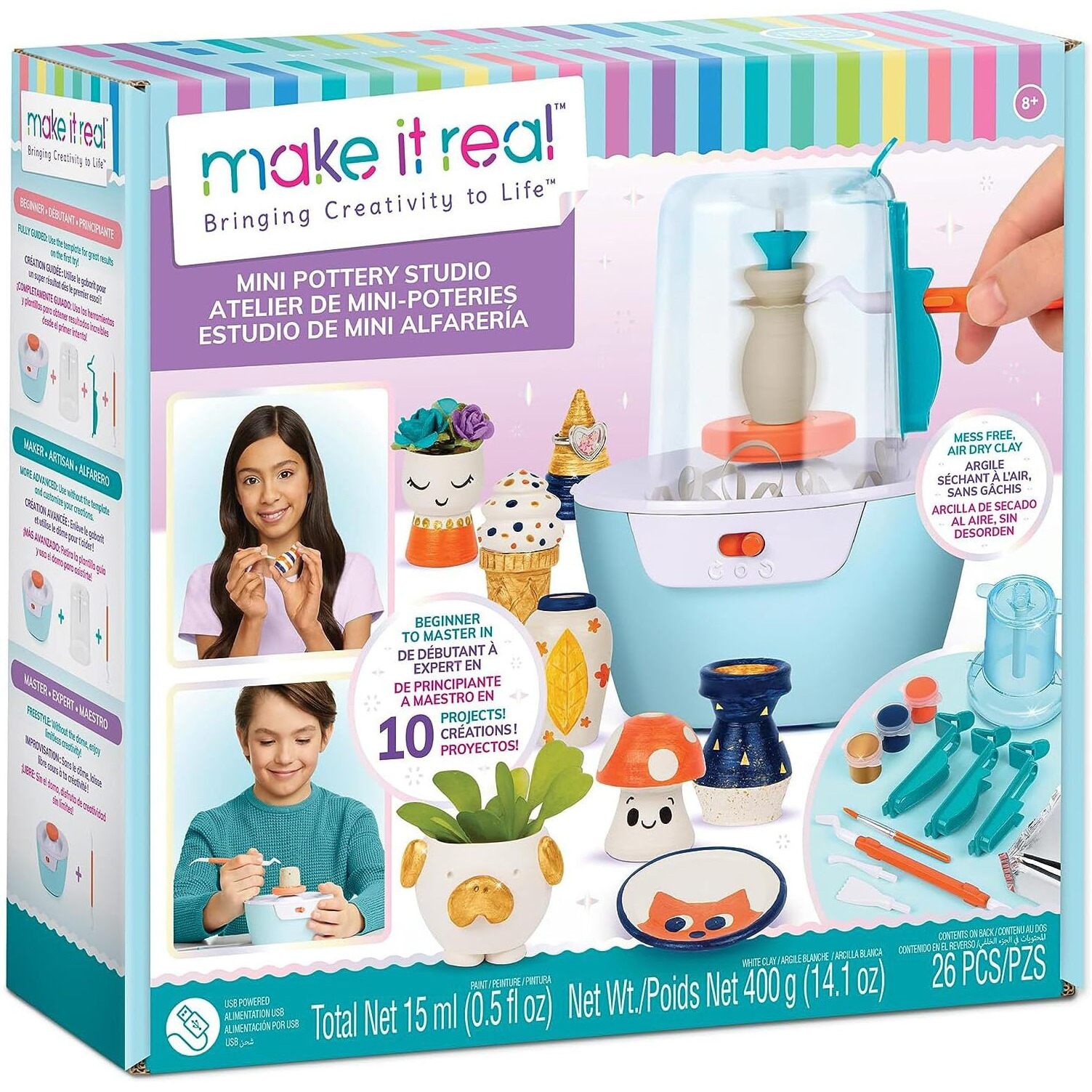 Make It Real Mini Pottery Studio - 26 Pcs Diy Pottery Kit, Mess Free Air Dry Clay, 10 Projects, Tweens, Girls & Kids Ages 8+