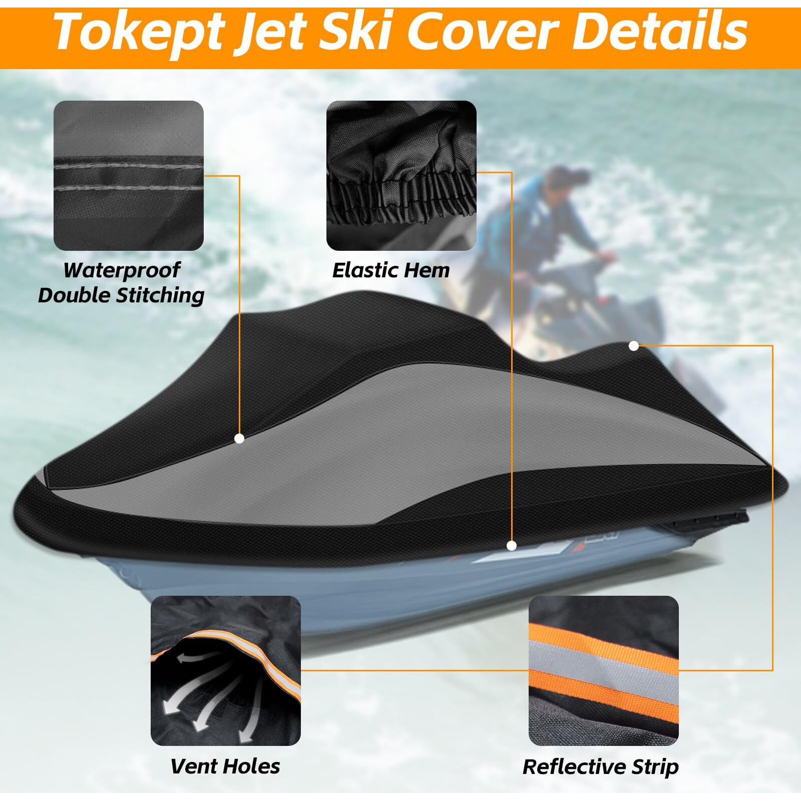 Tokept Trailerable Jet Ski Cover, 300D Heavy Duty Waterproof Pwc Cover With Reflective Strip Vents, Fits Seadoo, Yamaha, Gtx, Kawasaki, Honda, Polaris 3 Seater 136&quot To 145&quot L (Black&Grey)
