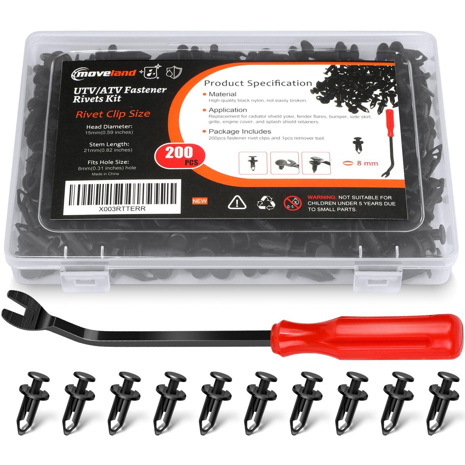 Moveland 200Pcs 8Mm Utv Atv Fender Push Clips With Fastener Removal Tool, Nylon Body Rivets Fasteners Clips Compatible With Polaris Ranger Rzr Can Am Kawasaki Teryx Honda Suzuki Sportsman