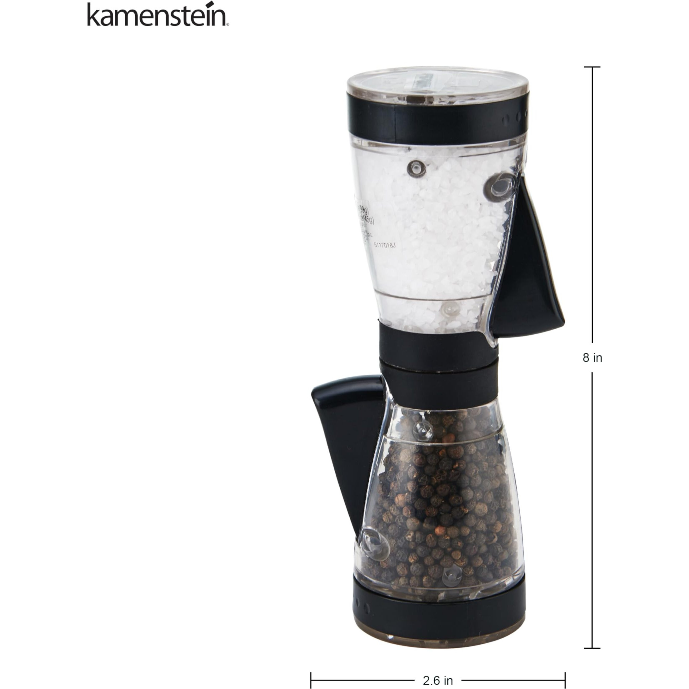 Kamenstein One-Handed 2-In-A-1 Dual Salt And Pepper Grinder-Adjustable And Refillable, 8-Inch, Black