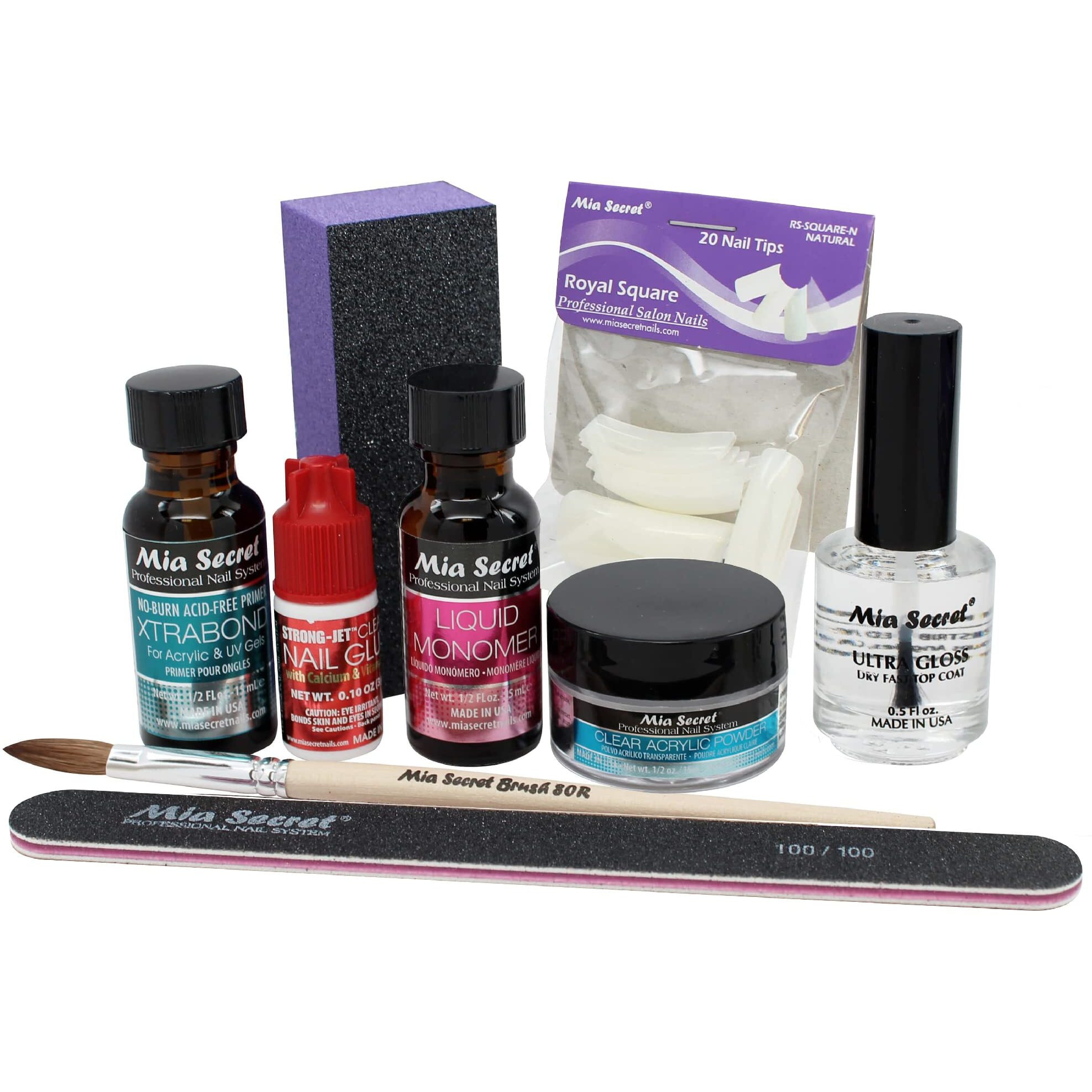 Mia Secret Acrylic Nail Kit 1/2 Oz Liquid Monomer, 1/2 Oz Clear Acrylic Powder, Ultra Quick Nail Glue, 1/2 Oz Ultra Gloss Top Coat, Fancy 20 Nail Tips, 1/2 Oz Primer, Speedy Zebra Straight Nail File 100/100, 8 Nail Brush And Emery Block