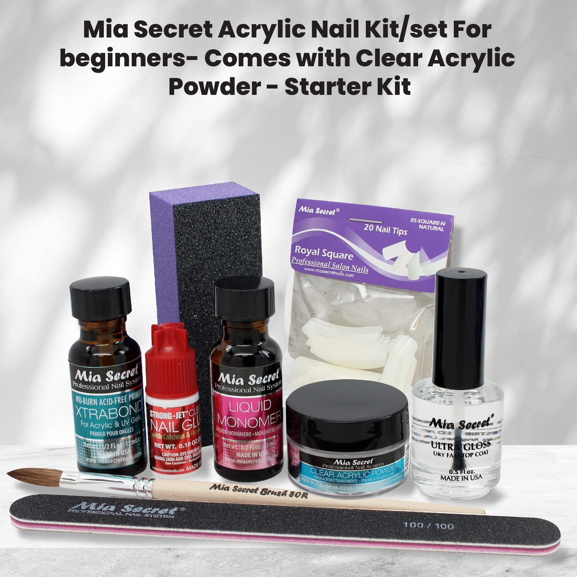 Mia Secret Acrylic Nail Kit 1/2 Oz Liquid Monomer, 1/2 Oz Clear Acrylic Powder, Ultra Quick Nail Glue, 1/2 Oz Ultra Gloss Top Coat, Fancy 20 Nail Tips, 1/2 Oz Primer, Speedy Zebra Straight Nail File 100/100, 8 Nail Brush And Emery Block