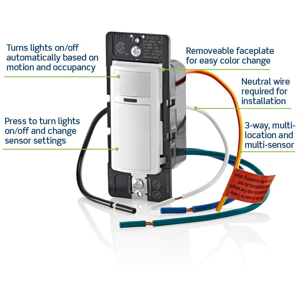 Leviton Dos15-1Lz Decora Occupancy Motion Sensor In-Wall Switch, Auto-On, 15A, Single Pole, Multi-Way Or Multi-Sensor, White With Ivory, Light Almond Faceplates