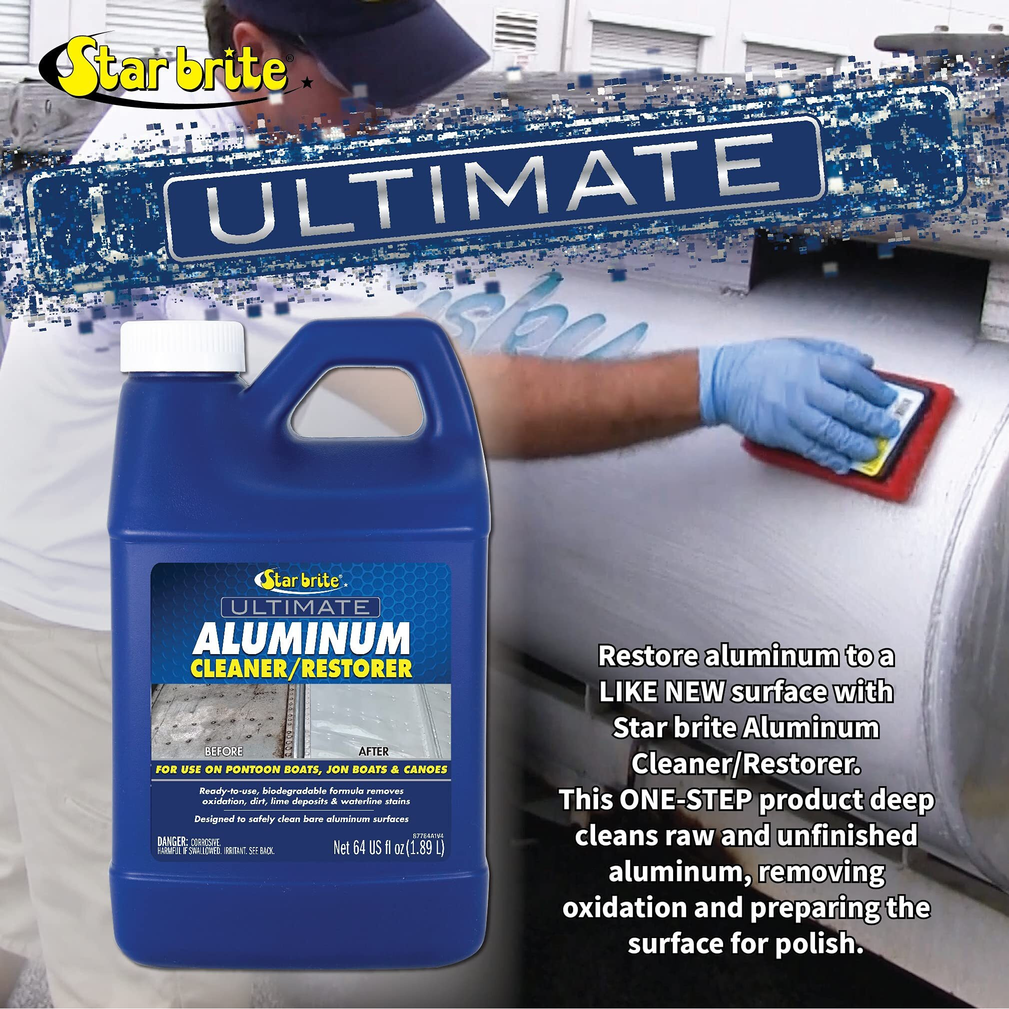 Star Brite Ultimate Aluminum Cleaner & Restorer - Aluminum Boat Cleaner - Perfect For Pontoon Boats, Jon Boats & Canoes 64 Oz With Sprayer (087764)