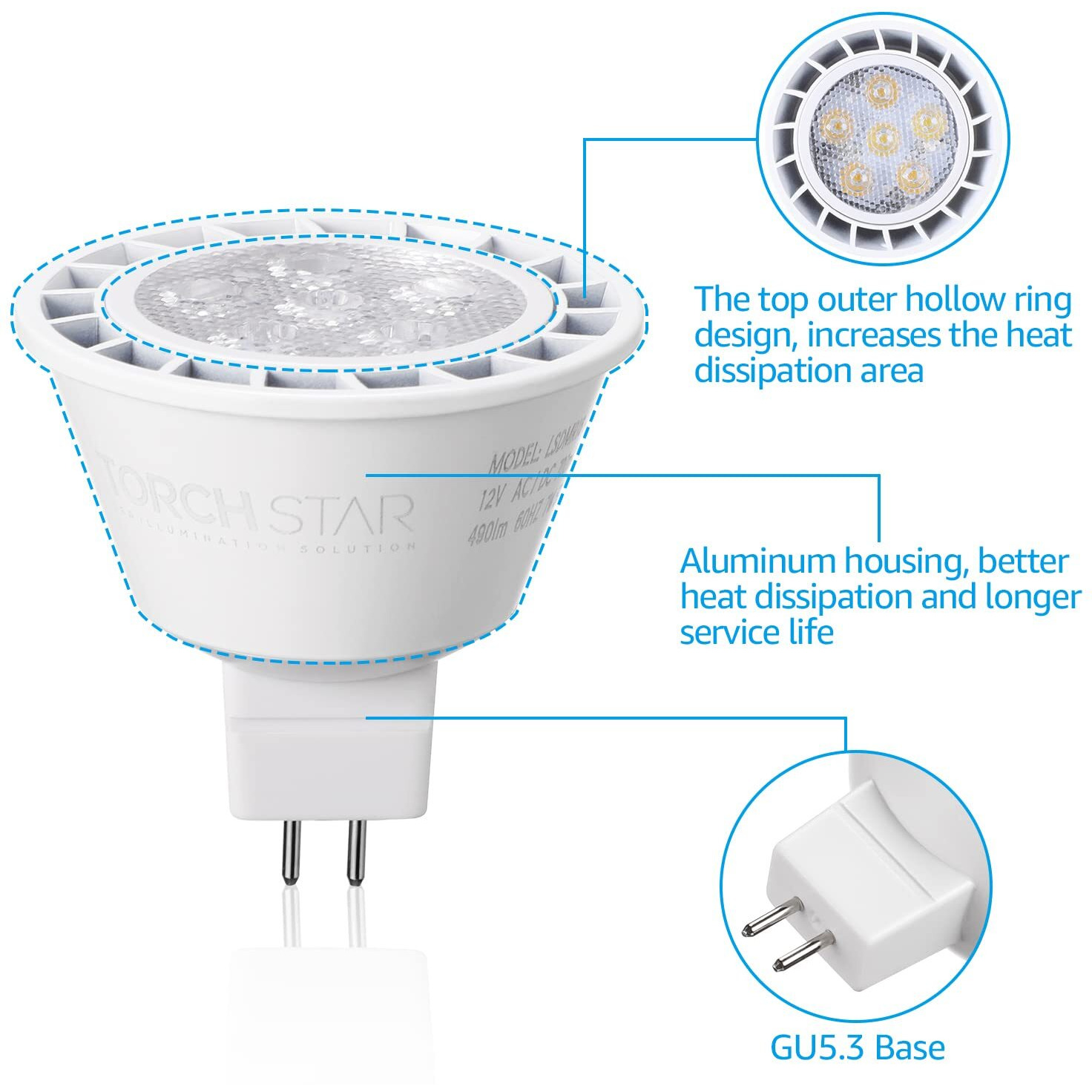 Torchstar Mr16 Led Bulb Dimmable, 7W 12V 490Lm 50W Equivalent, 3000K Warm White, Gu5.3 Bi-Pin Base Mr16 Led Spotlight, Led Mr16 Light Bulbs For Recessed Track Lighting, Ul & Es Listed, Pack Of 6