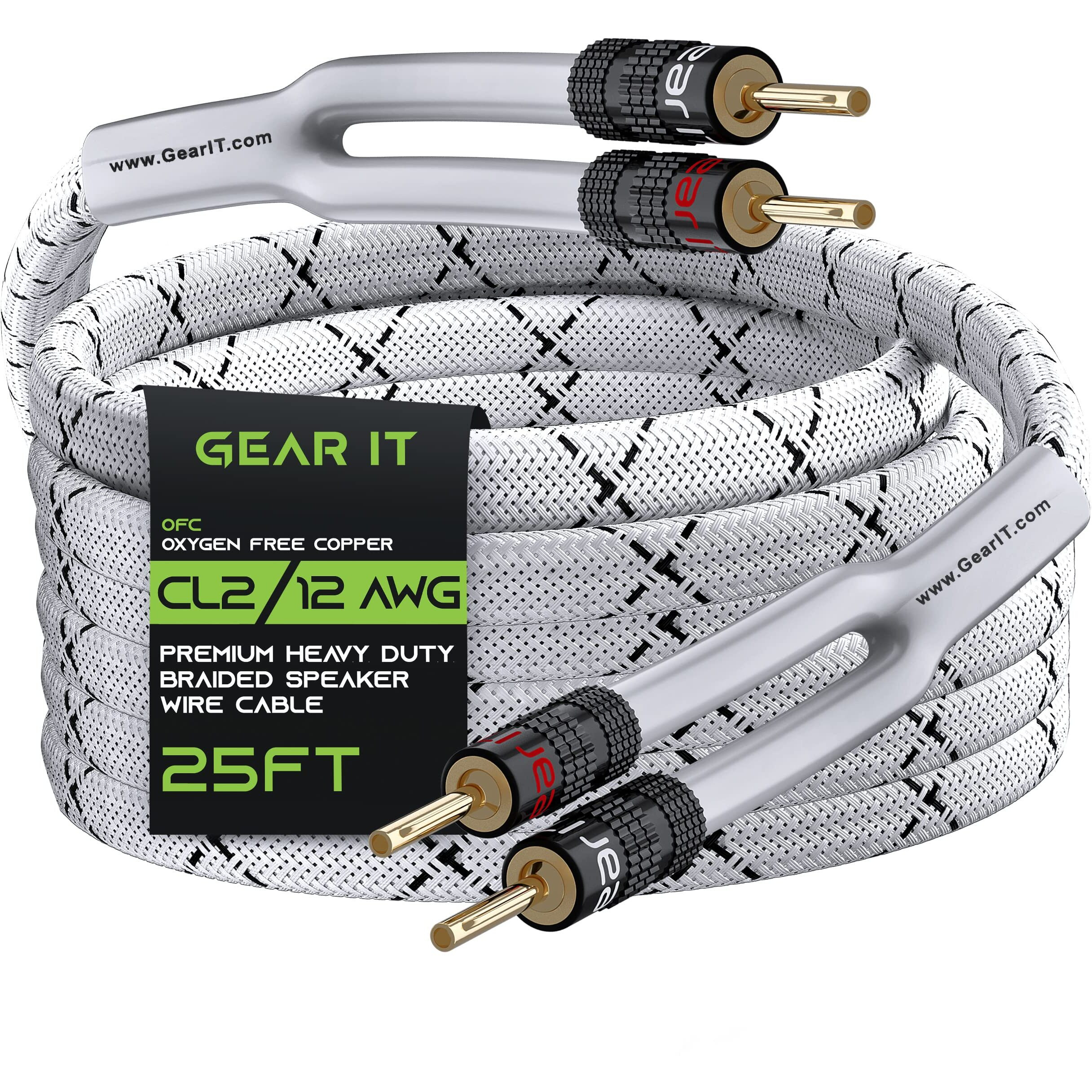 Gearit 12Awg Premium Heavy Duty Braided Speaker Wire (25 Feet) With Dual Gold Plated Banana Plug Tips - Oxygen-Free Copper (Ofc) Construction, White