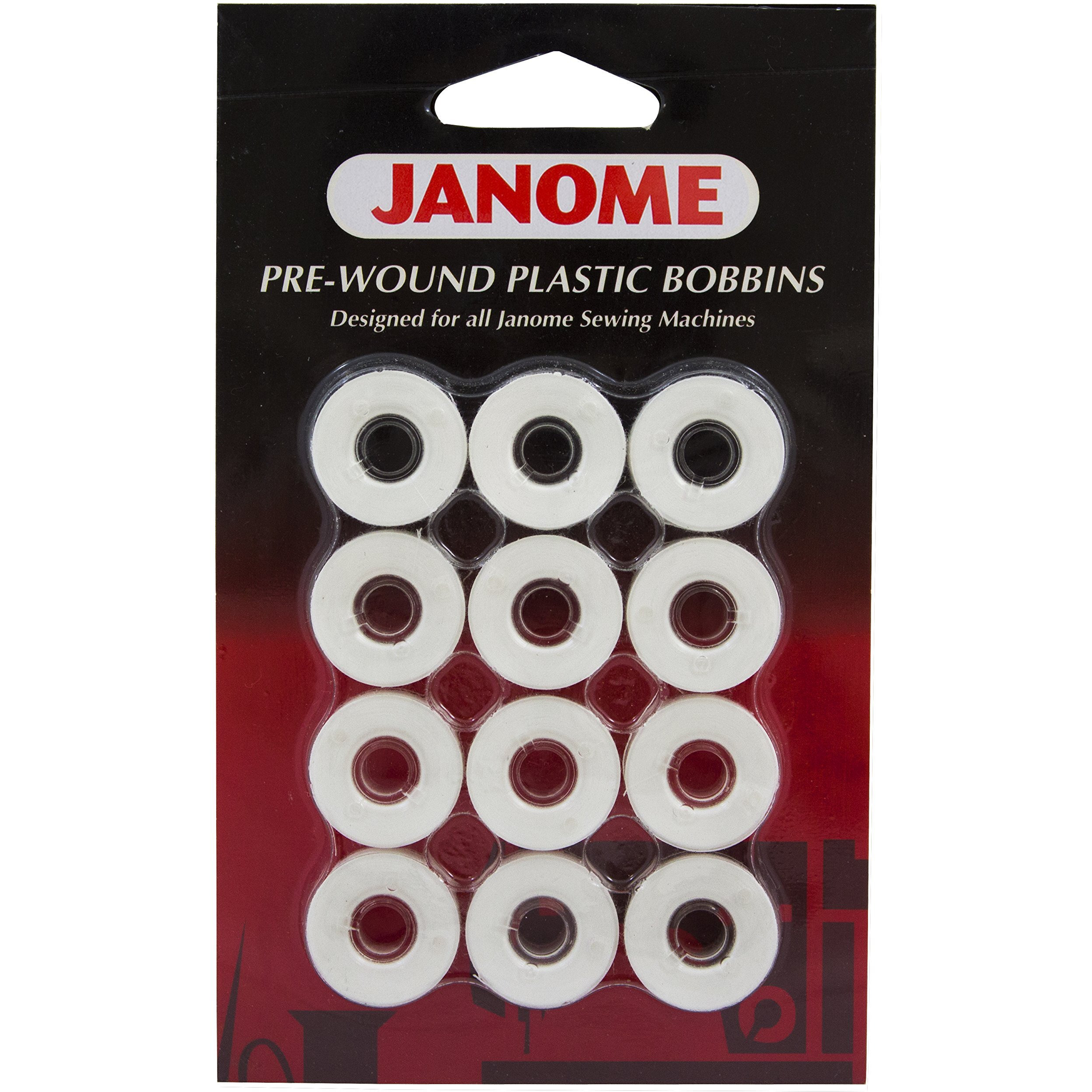 Janome 12 Pack Pre-Wound Plastic Bobbins White Thread