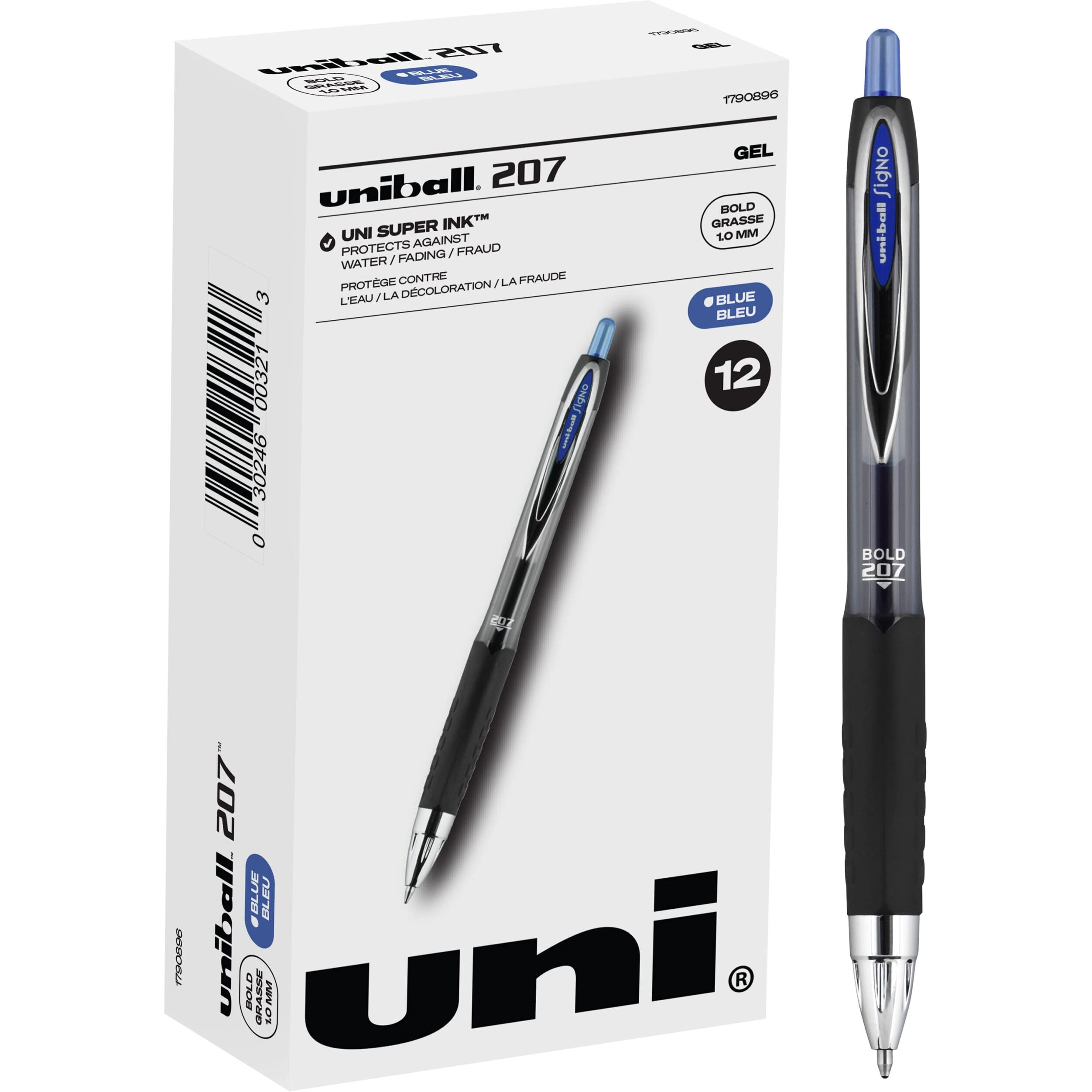 Uniball Signo 207, 12 Pack 1.0Mm Bold Blue Gel Pens - Water Resistant, Smooth Writing, Comfort Grip, Retractable