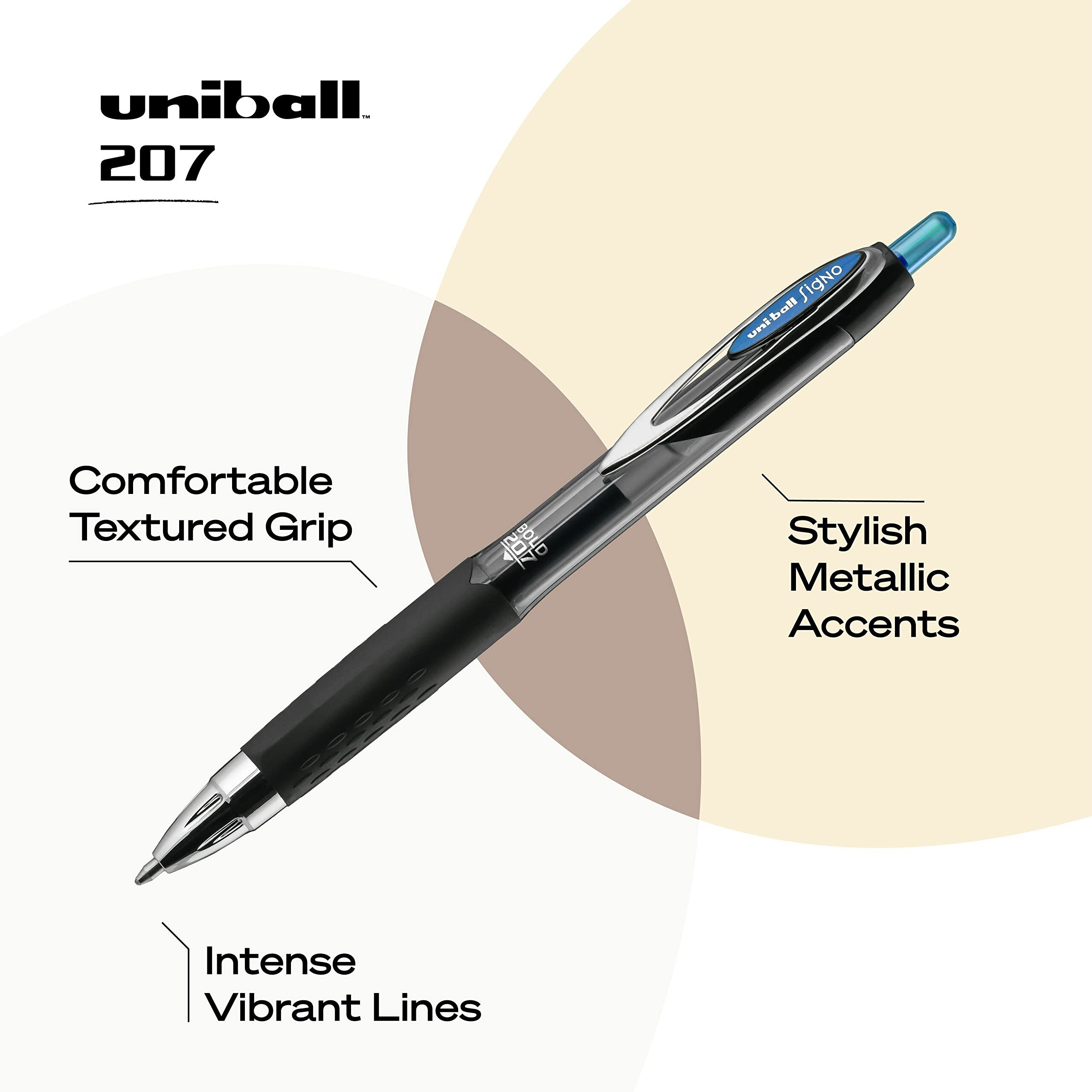 Uniball Signo 207, 12 Pack 1.0Mm Bold Blue Gel Pens - Water Resistant, Smooth Writing, Comfort Grip, Retractable
