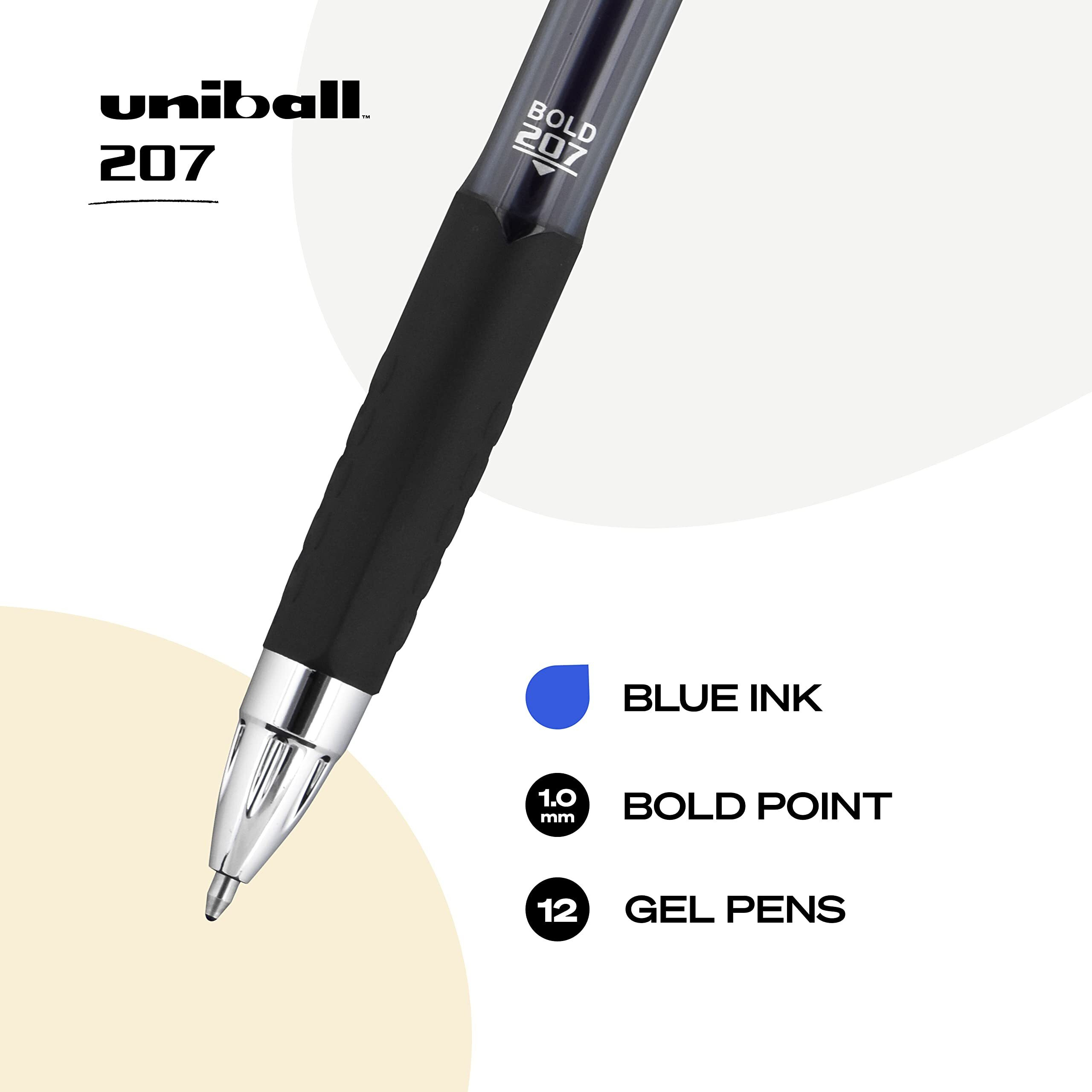 Uniball Signo 207, 12 Pack 1.0Mm Bold Blue Gel Pens - Water Resistant, Smooth Writing, Comfort Grip, Retractable