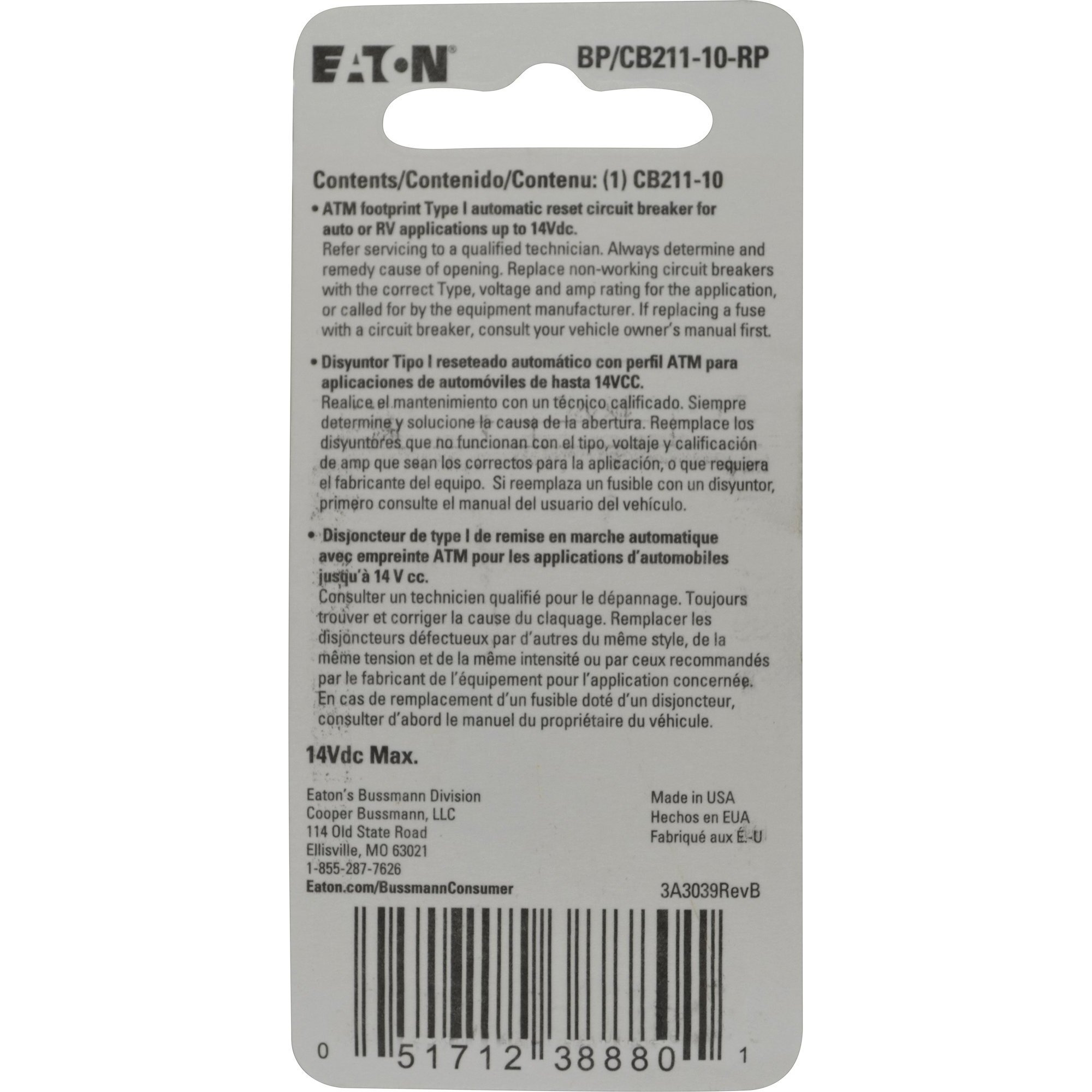 Bussmann (Bp/Cb211-10-Rp) 10 Amp Type-I Atm Mini Circuit Breaker