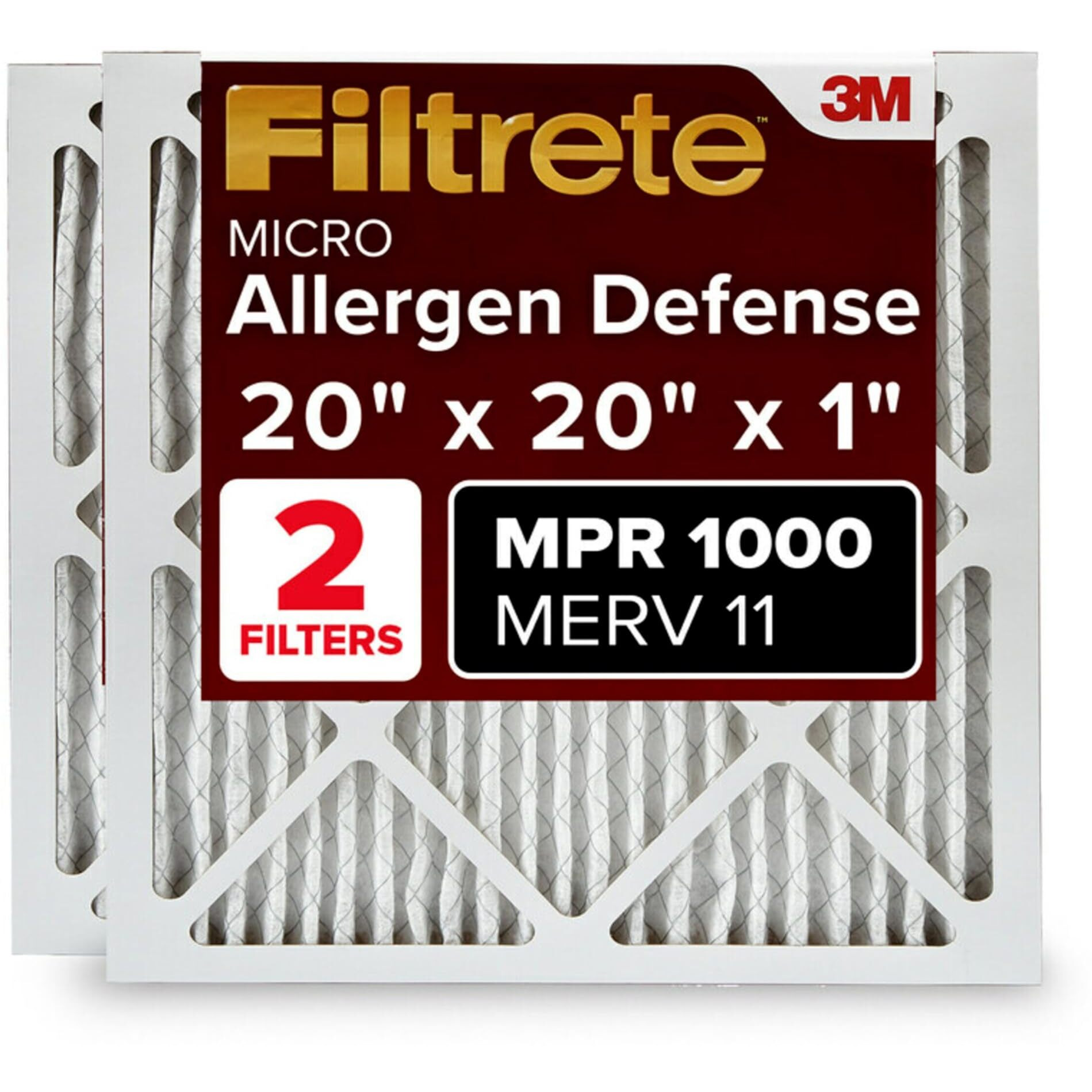 Filtrete 20X20X1 Ac Furnace Air Filter, Merv 11, Mpr 1000, Micro Allergen Defense, 3-Month Pleated 1-Inch Electrostatic Air Cleaning Filter, 2 Pack (Actual Size 19.719 X 19.719 X 0.84 In)