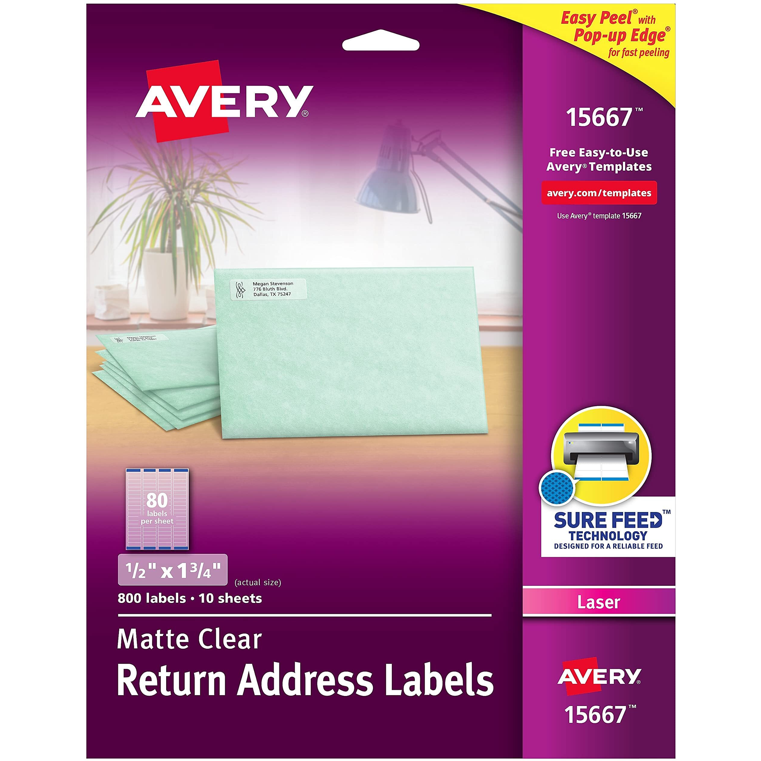 Avery 15667 Matte Clear Easy Peel Return Address Labels, Laser, 1/2 X 1 3/4, 800/Pack