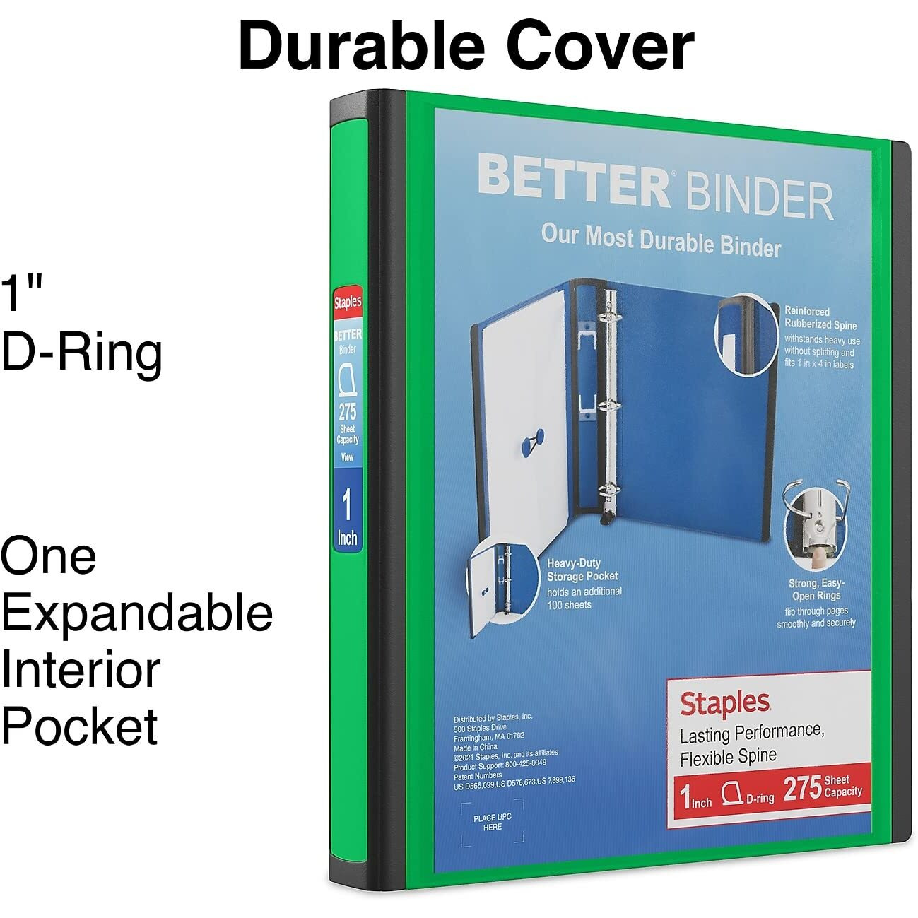 Staples 827602 Better 1-Inch D 3-Ring View Binder Green (19063)