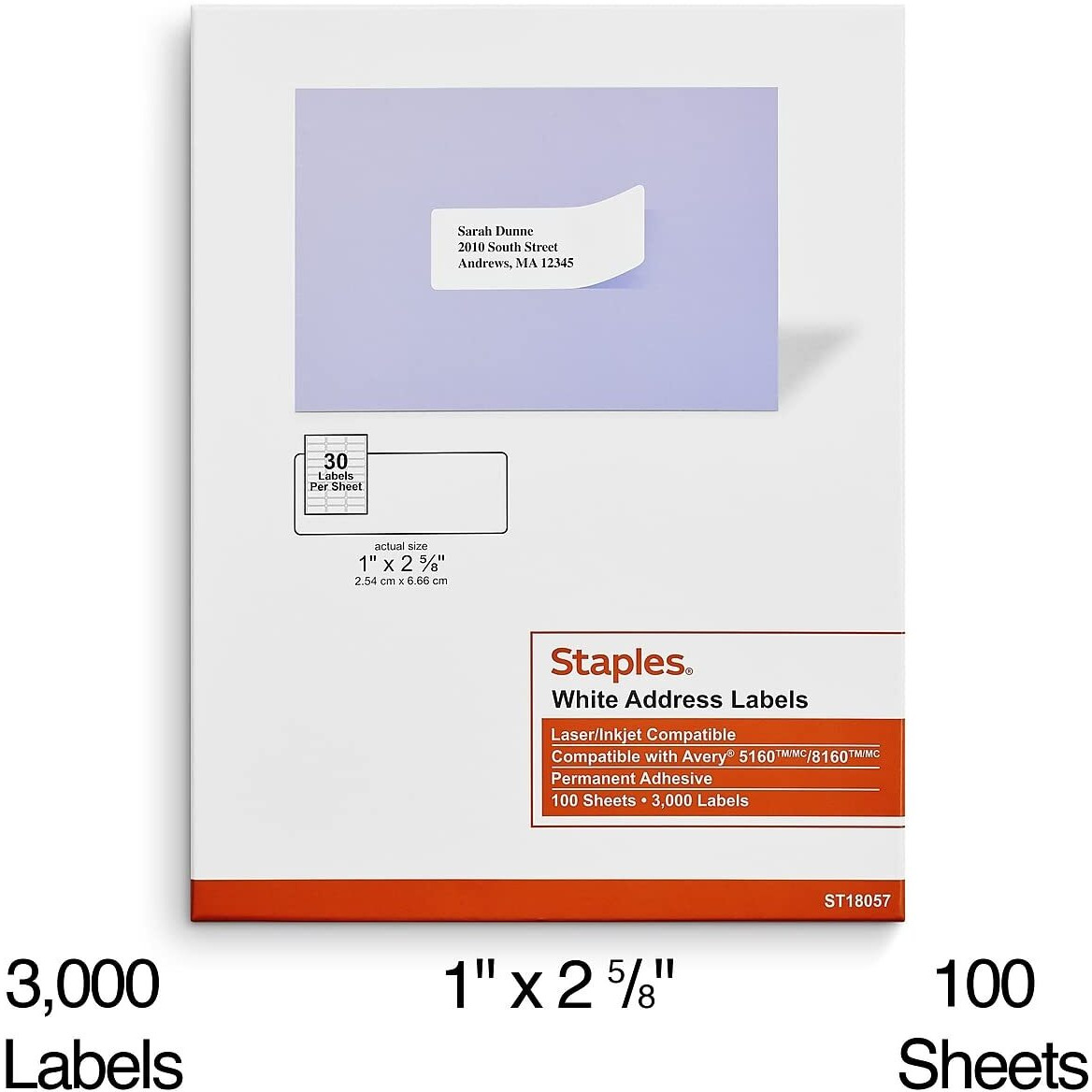 Staples White Inkjet/Laser Address Labels, 1" X 2-5/8", 3,000/Box