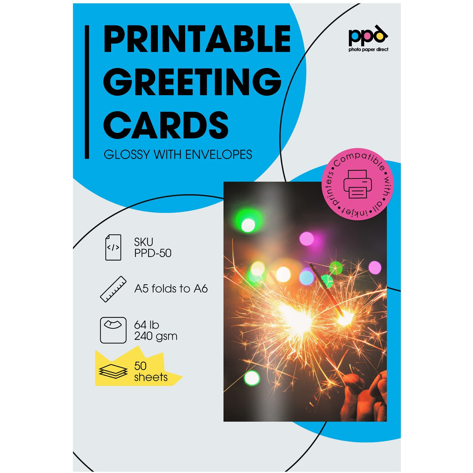 Ppd Inkjet Glossy Printable Greeting Cards 5.5 X 8.5&quot (Half Ltr Size) 64Lbs. 240Gsm 10.9Mil With Envelopes X 50 Sheets (Ppd050-Env-50)